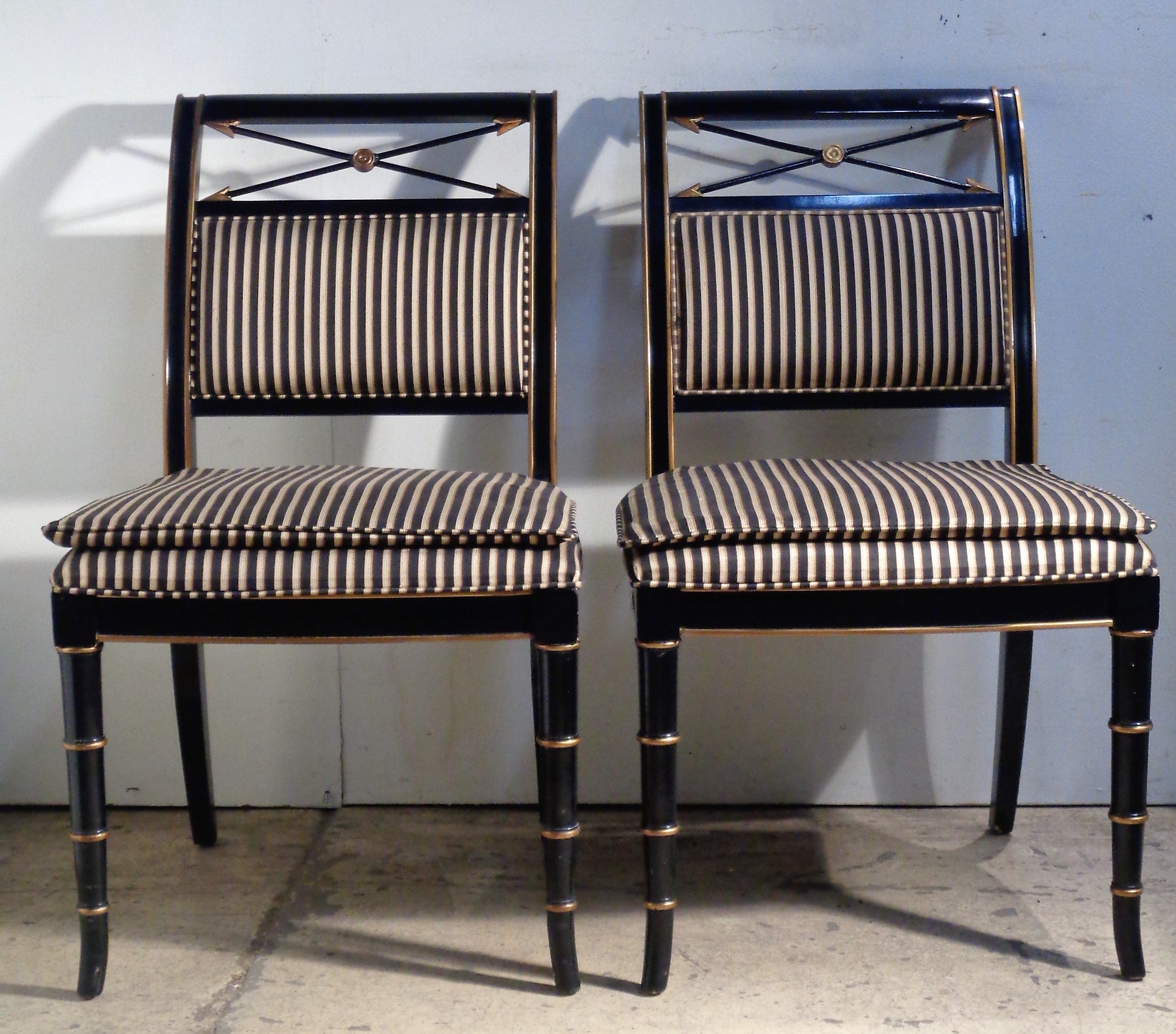 Neoclassical  Classical Regency Style Black Lacquered Gilded Chairs For Sale