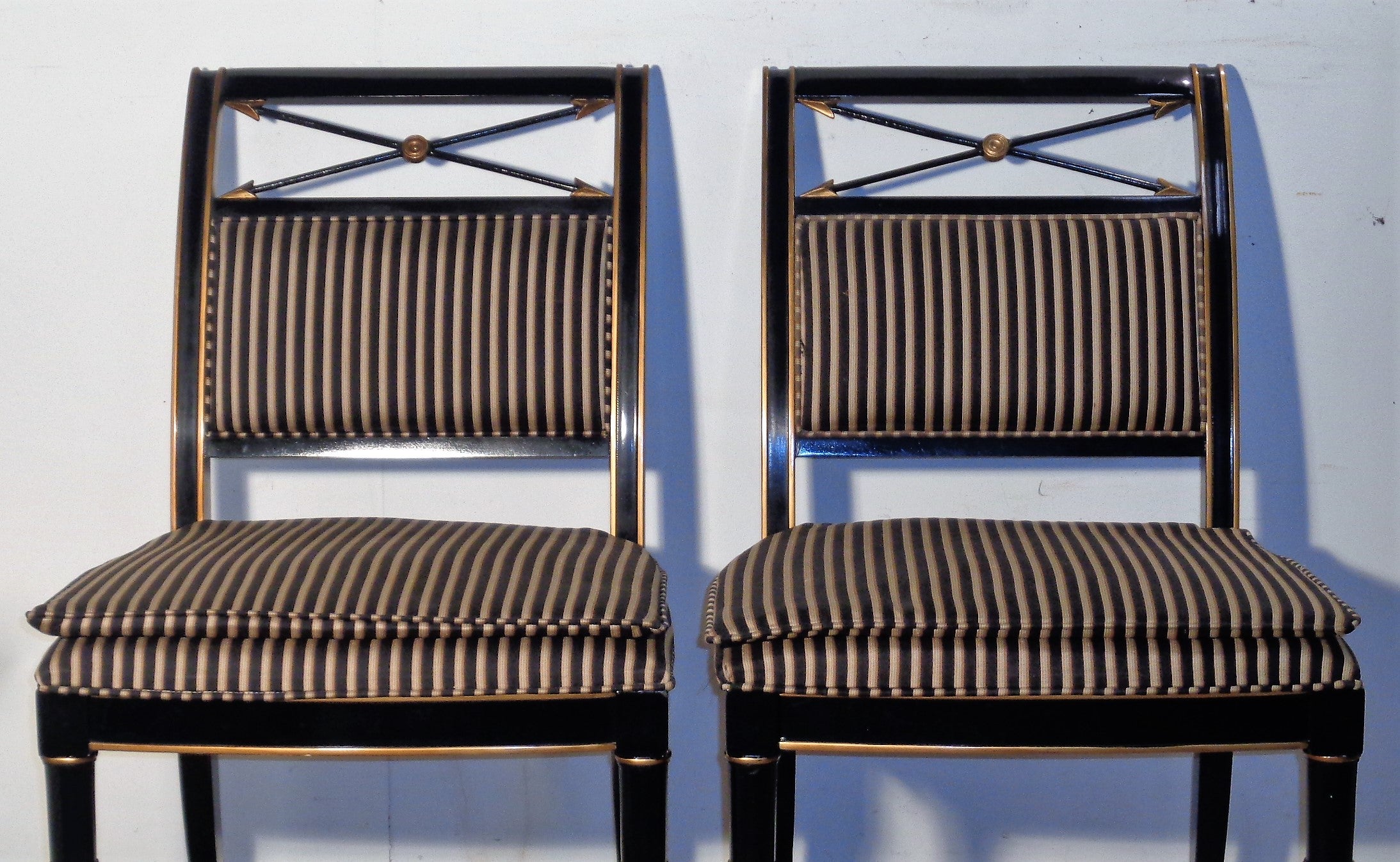 Gilt  Classical Regency Style Black Lacquered Gilded Chairs For Sale