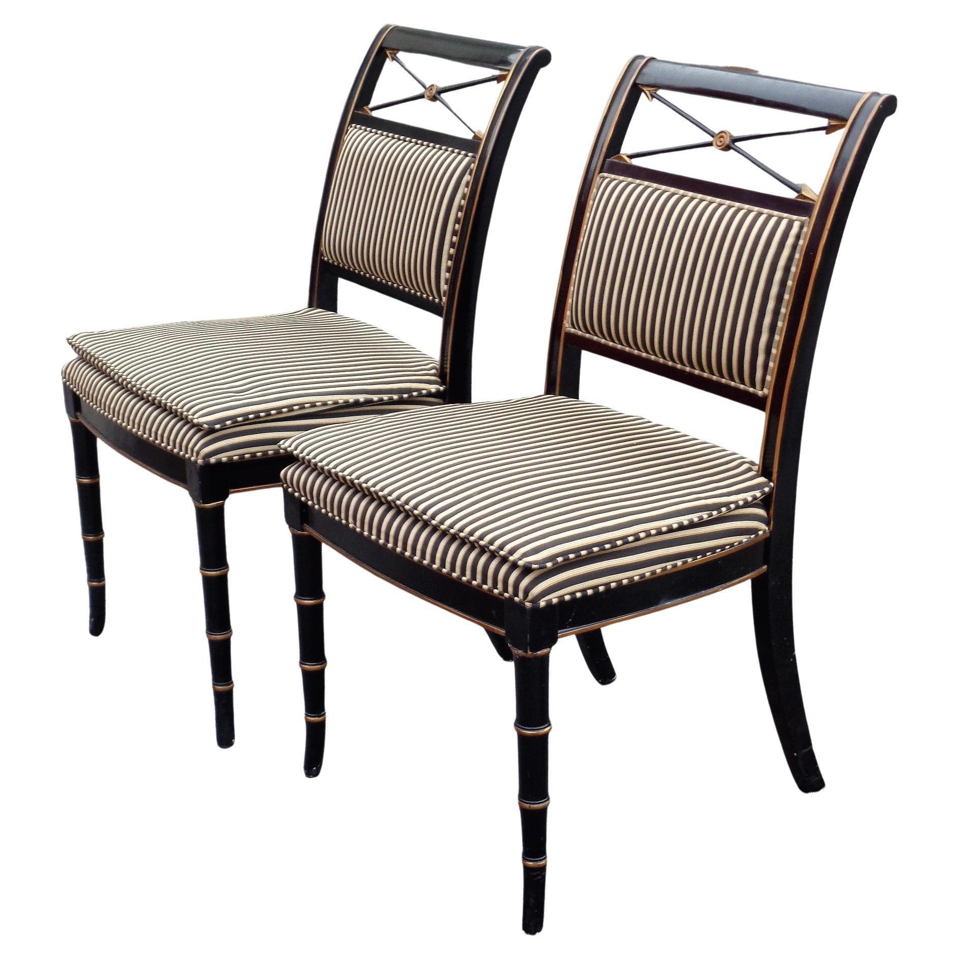 20th Century  Classical Regency Style Black Lacquered Gilded Chairs For Sale