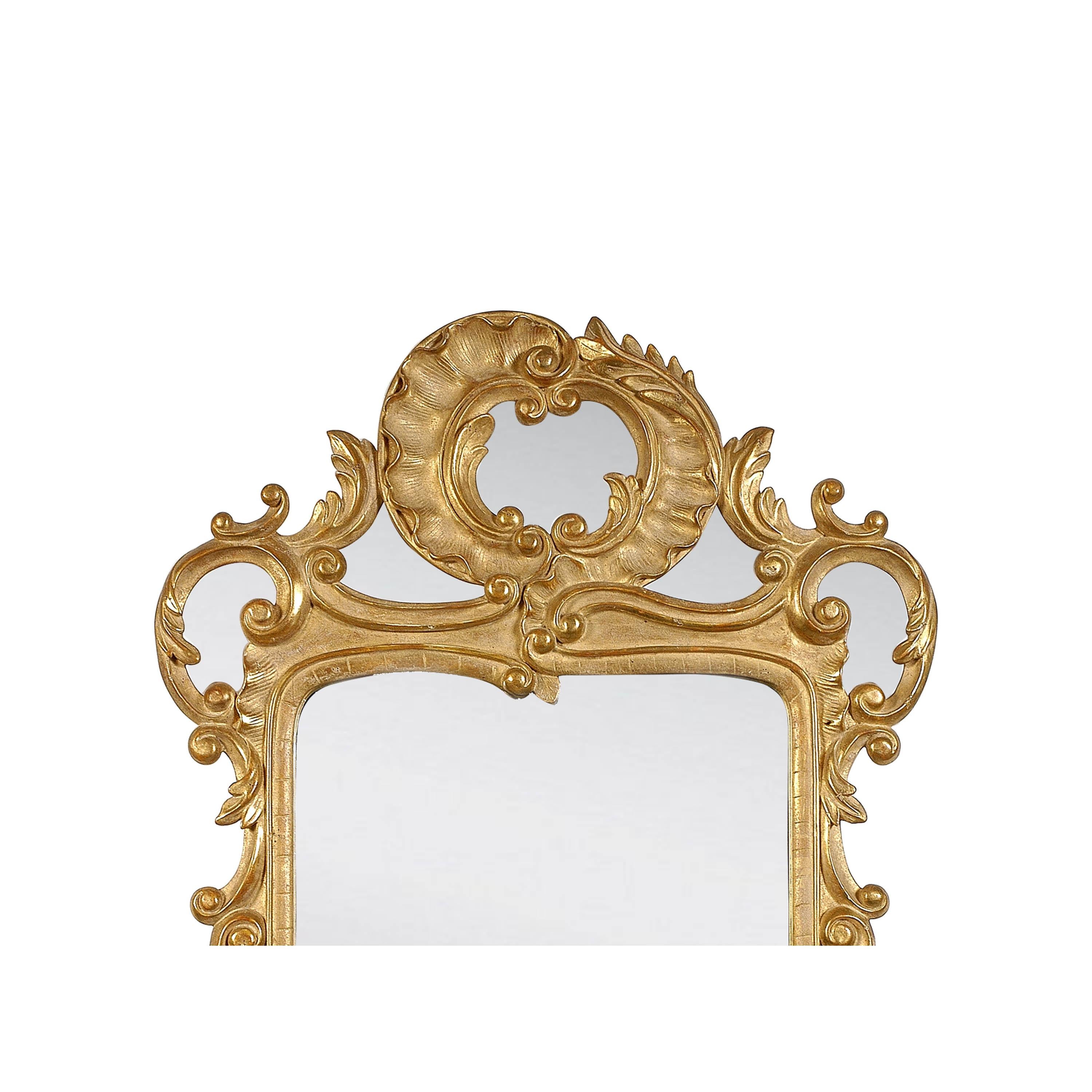 Neoclassical Baroque style handcrafted mirror. Rectangular hand carved wooden structure with gold foil finished, Spain, 1970.