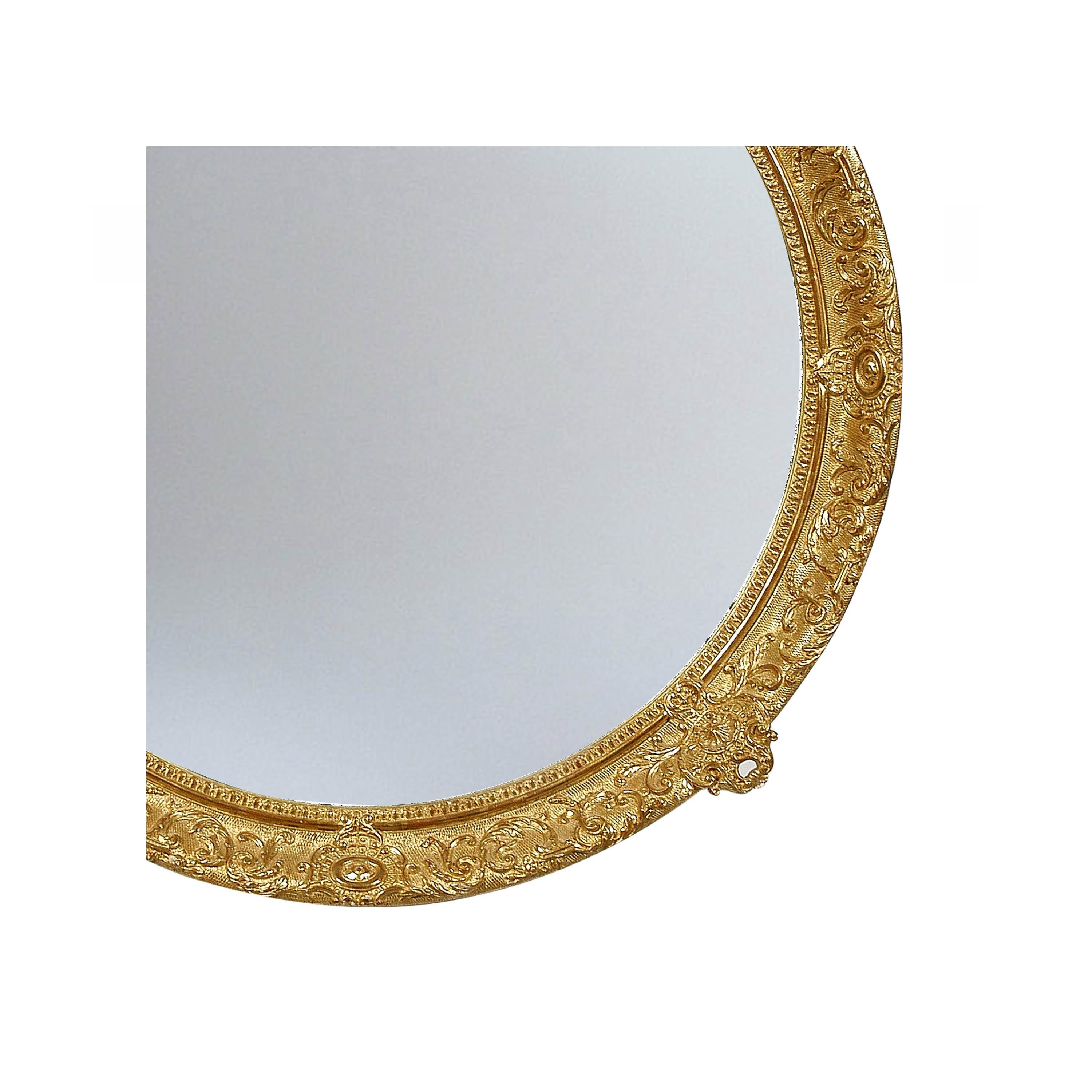 Spanish Neoclassical Regency Style Round Gold Hand Carved Wooden Mirror, 1970