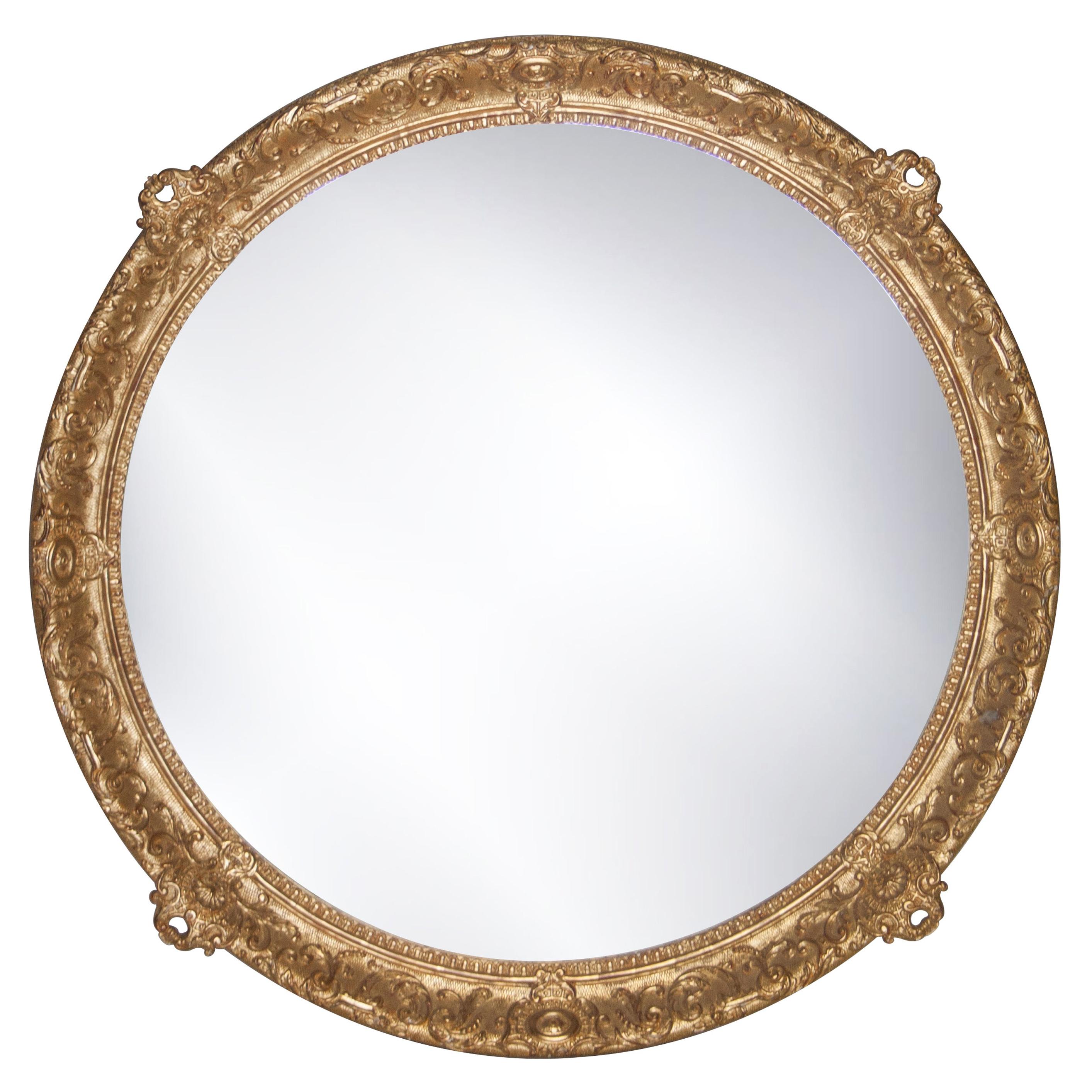 Neoclassical Regency Style Round Gold Hand Carved Wooden Mirror, 1970 For Sale