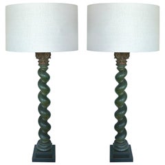 Neoclassical Revival Carved Barley Twist Corinthian Column Table Lamps, Pair