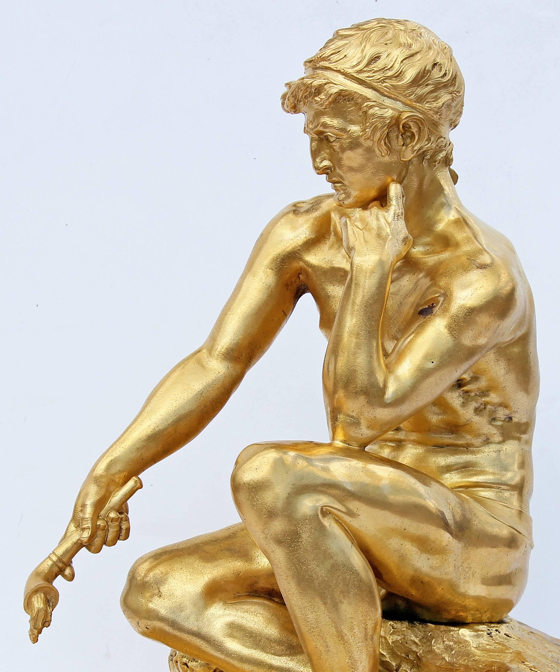 French neoclassical revival classical male nude bronze sculpture. Exceptional detail original fire gilding. Cast by E.F. Caldwell. It is likely this was a cigar lighter originally and had a live flame, circa 1900. This is a very rare piece of