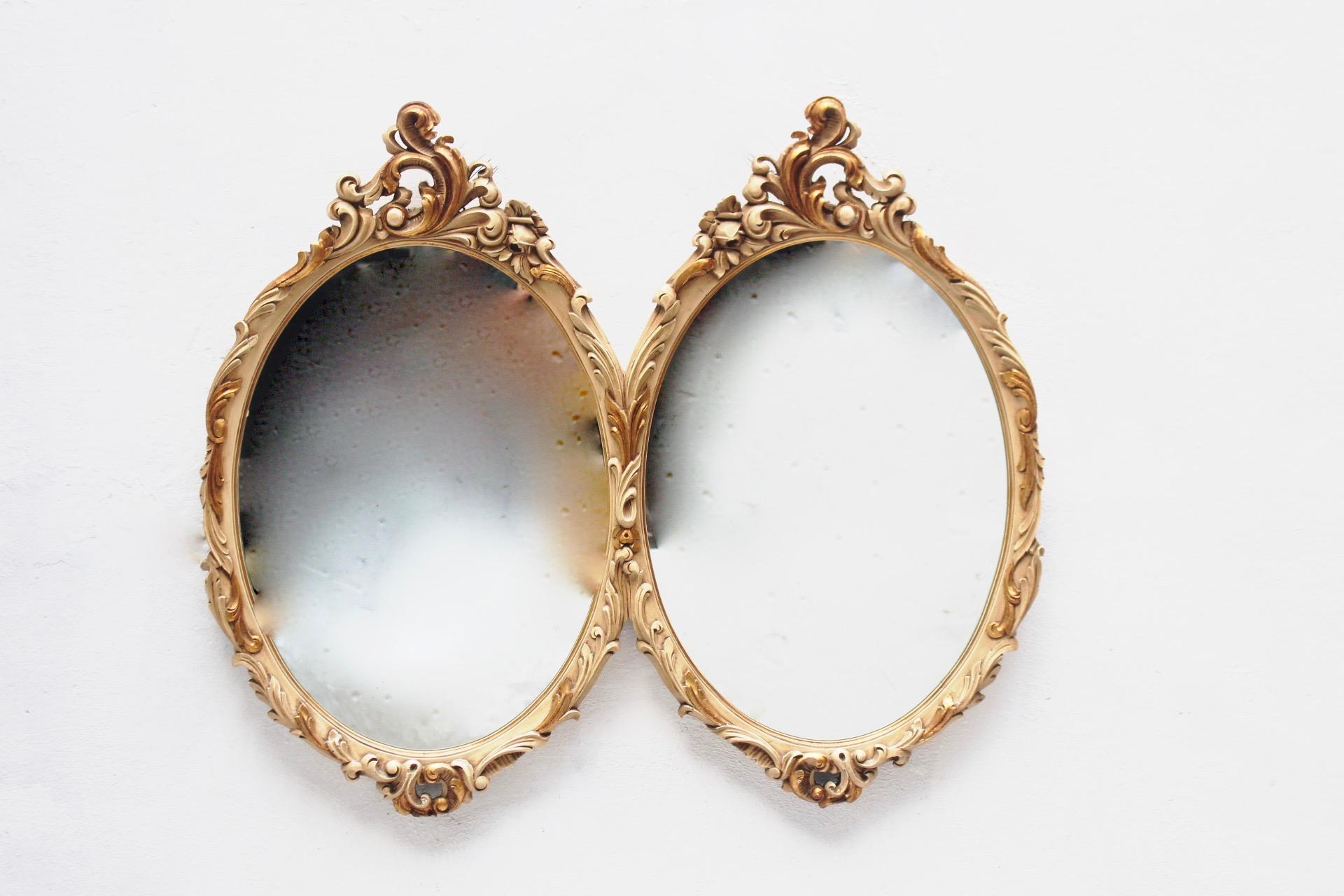 Spanish Neoclassical Revival Double Oval White Wood Mirror by Mariano García, 1960s For Sale