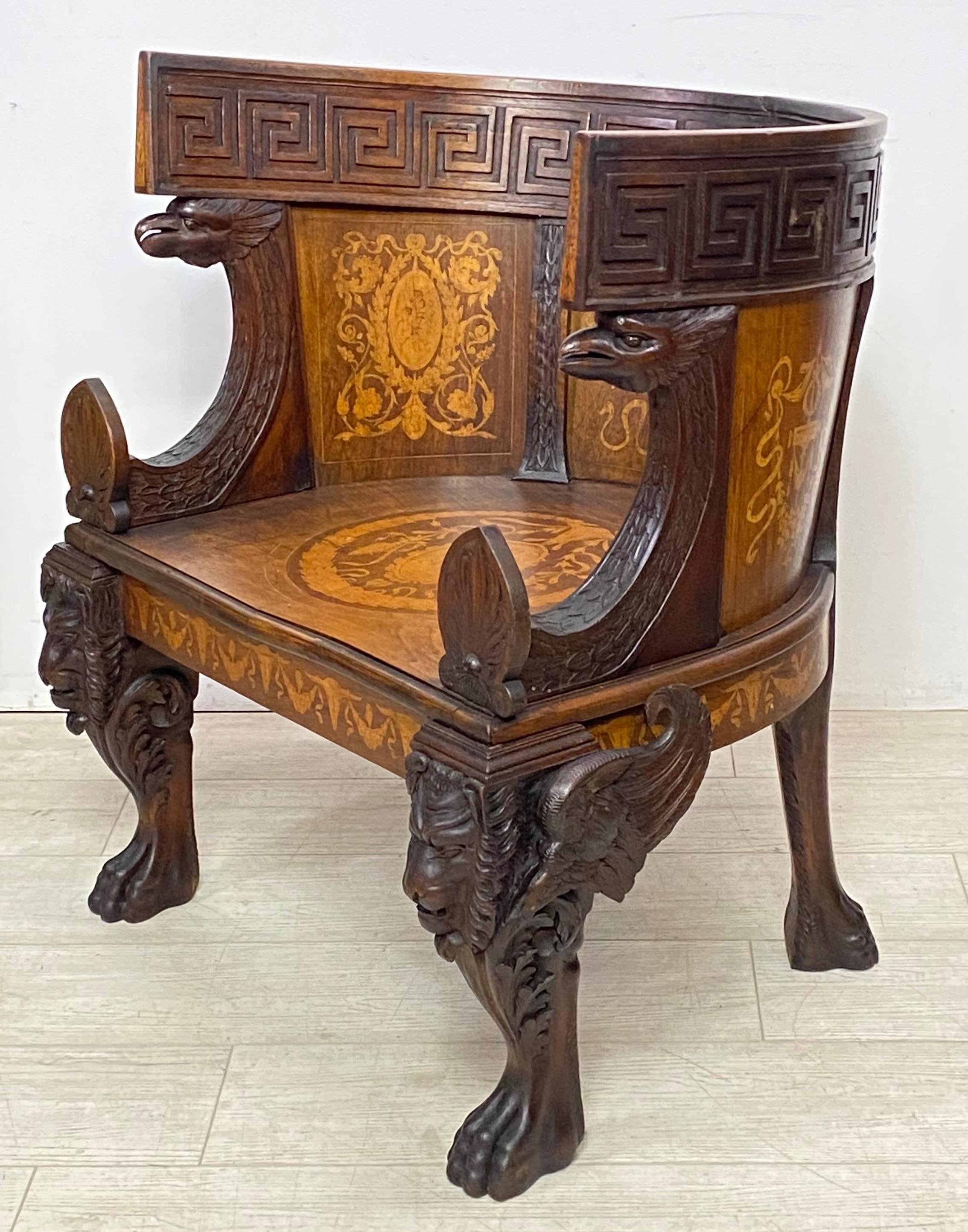 Satinwood Neoclassical Revival Grand Tour Period Walnut Chair, Italian 19th Century For Sale