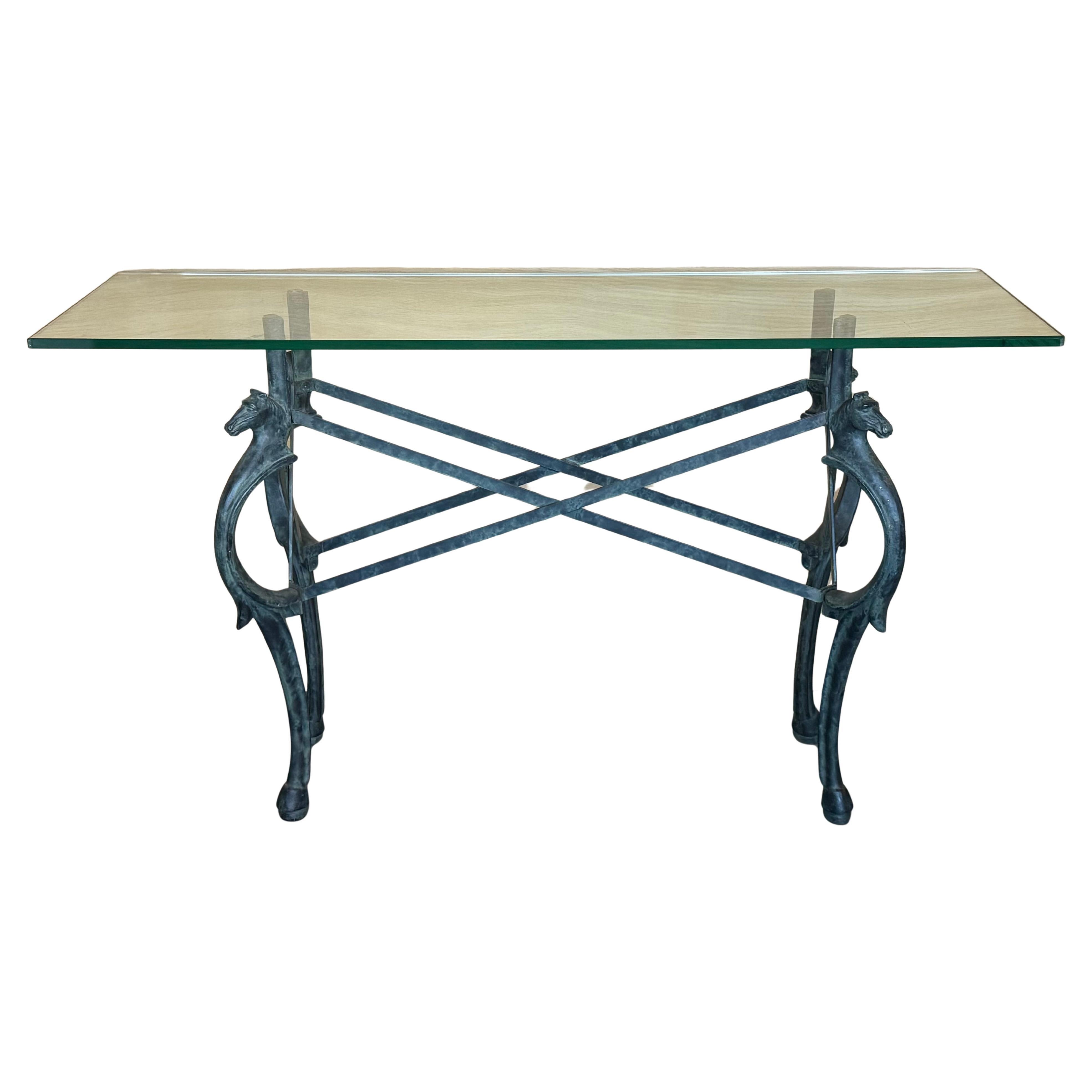 Neoclassical Revival Italian Bronze & Iron Console Table w Horse details. 1950s For Sale