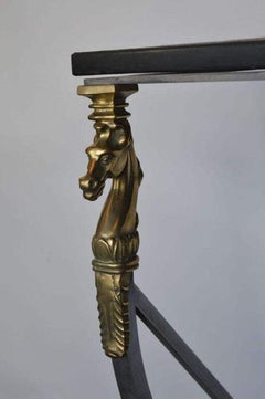 Neoclassical Revival Italian Bronze & Steel Console Table w Horse details. 1950s
