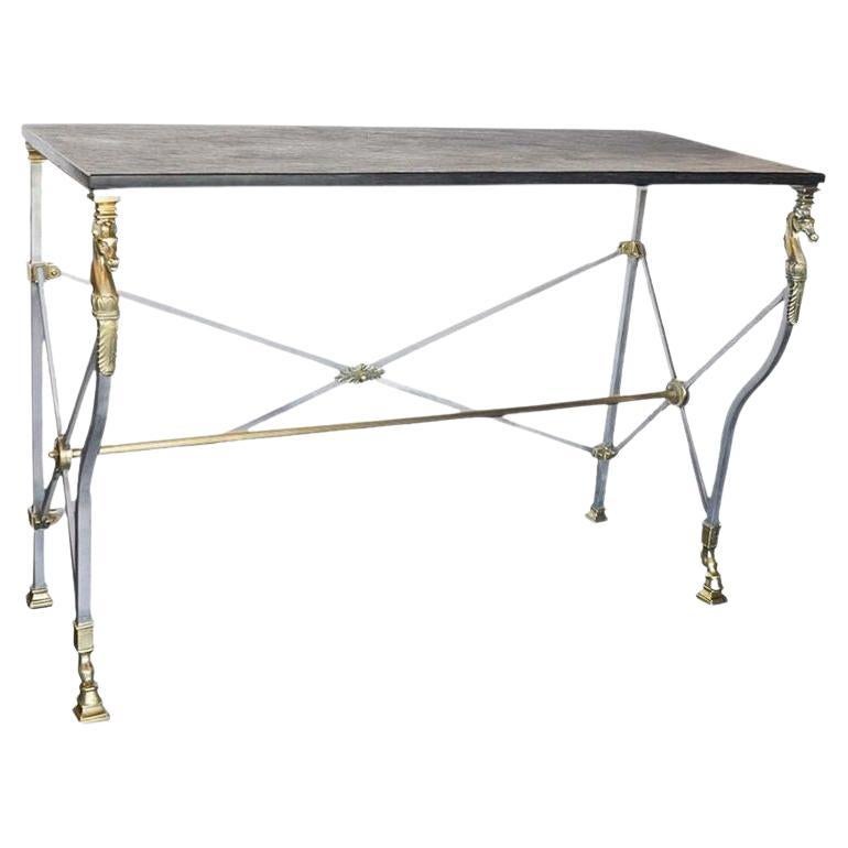 Neoclassical Revival Italian Bronze & Steel Console Table w Horse details. 1950s For Sale