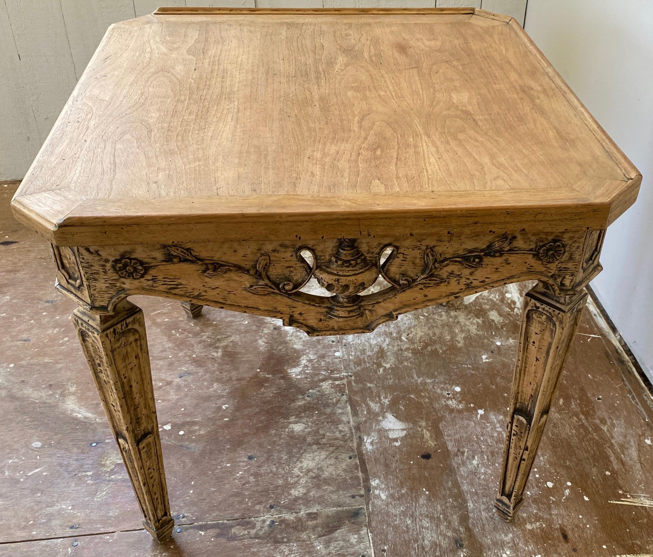Wood Neoclassical Revival Square Carved Side Table For Sale