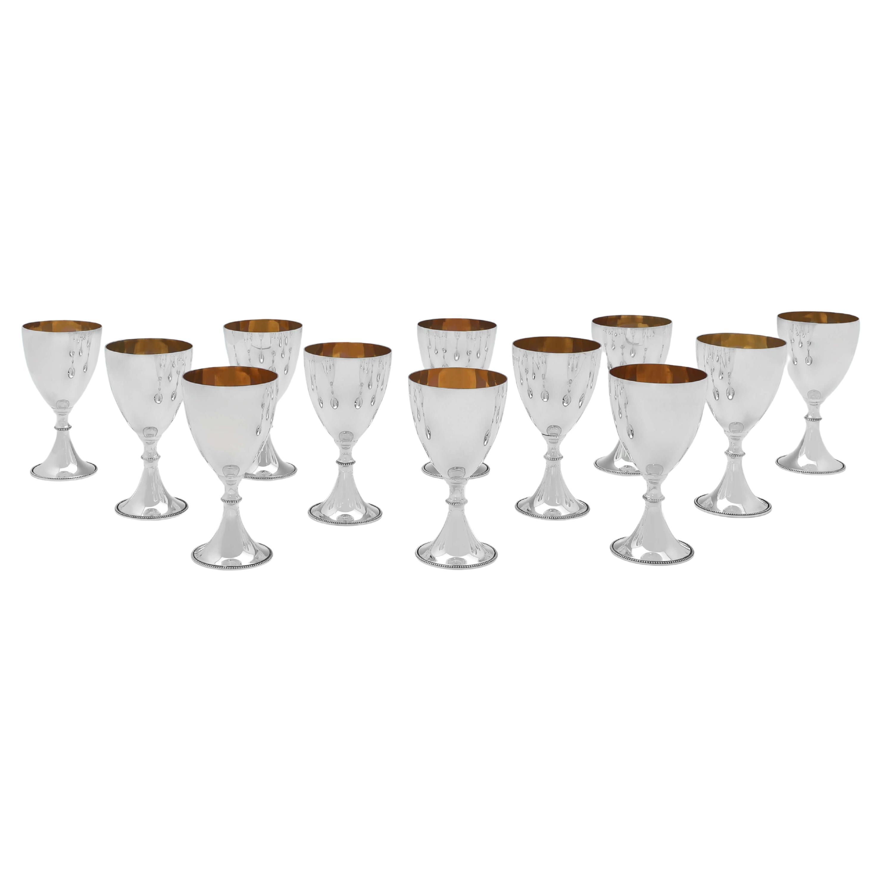 Neoclassical Revival, Sterling Silver Set of 12 Wine Goblets, London, 1971