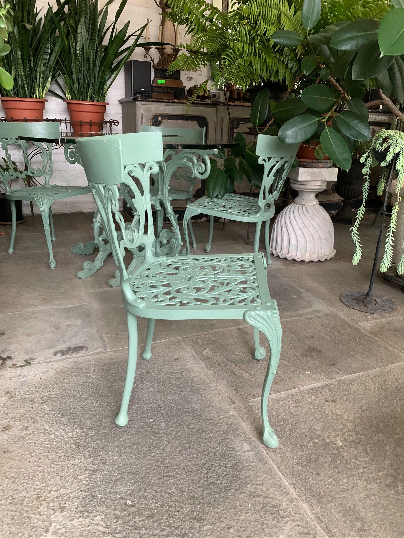 Neoclassical Revival Style Cast Iron Garden or Patio Furniture Chairs and Table In Good Condition In New York, NY