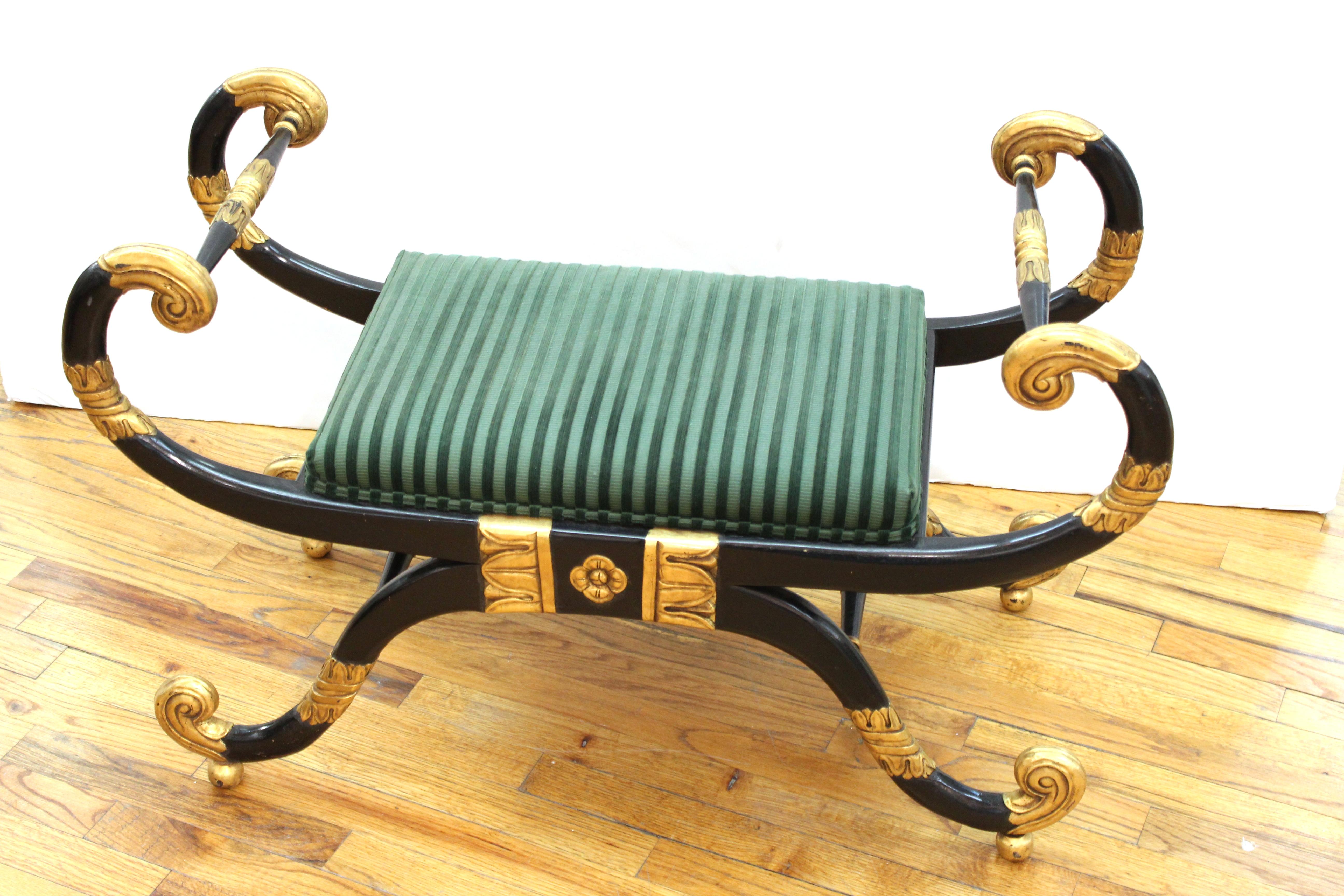 Fabric Neoclassical Revival Style Curule Benches with Green Upholstery