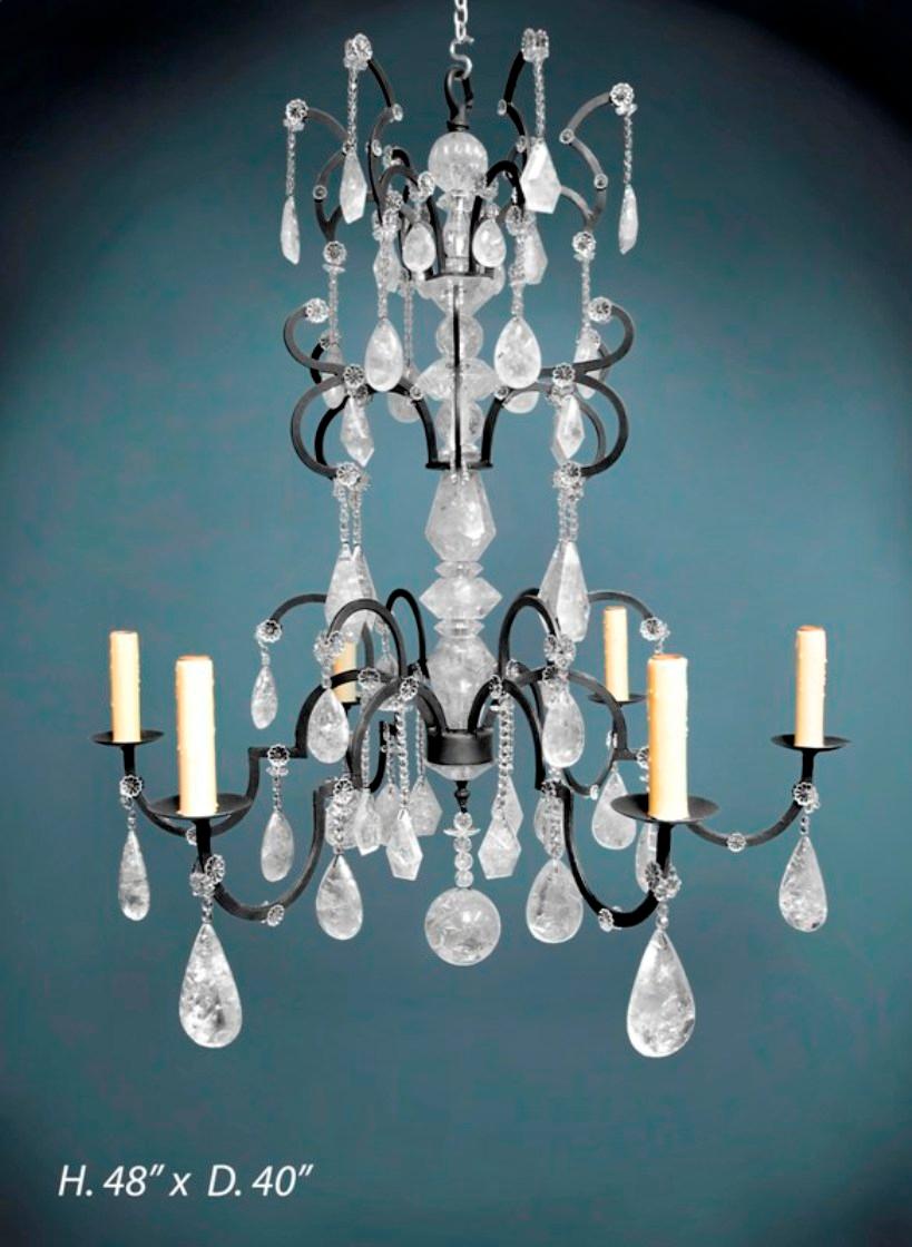 American Neoclassical Rock Crystal Six Light Chandelier, Multi-Finishes For Sale