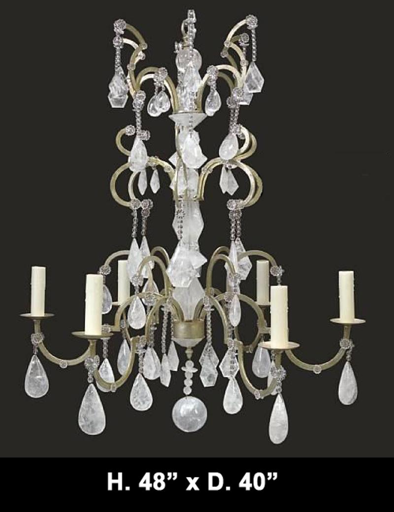 Hand-Carved Neoclassical Rock Crystal Six Light Chandelier, Multi-Finishes For Sale