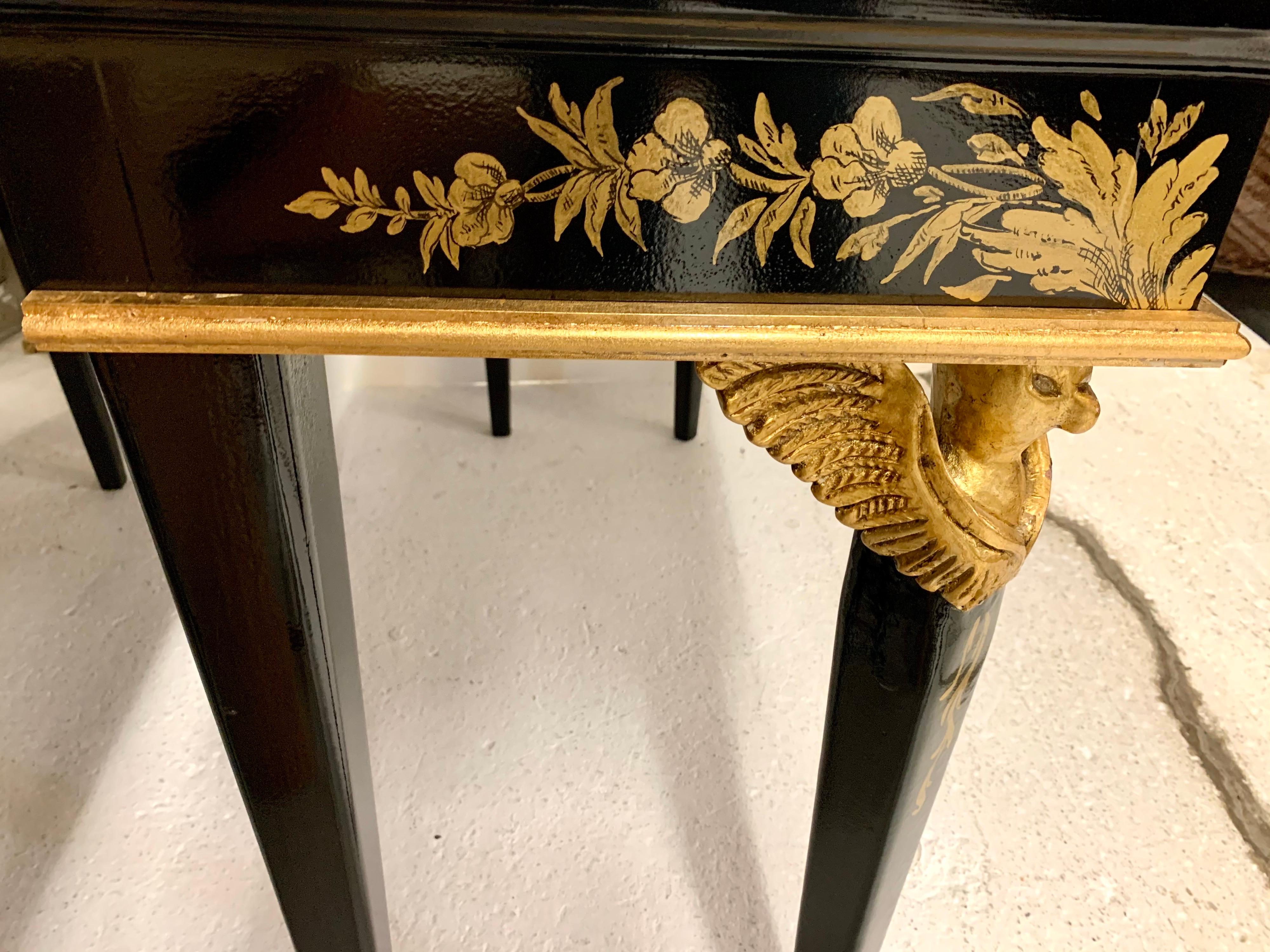 Italian Neoclassical Rococo Style Black Lacquered and Gold Painted Console Table Birds