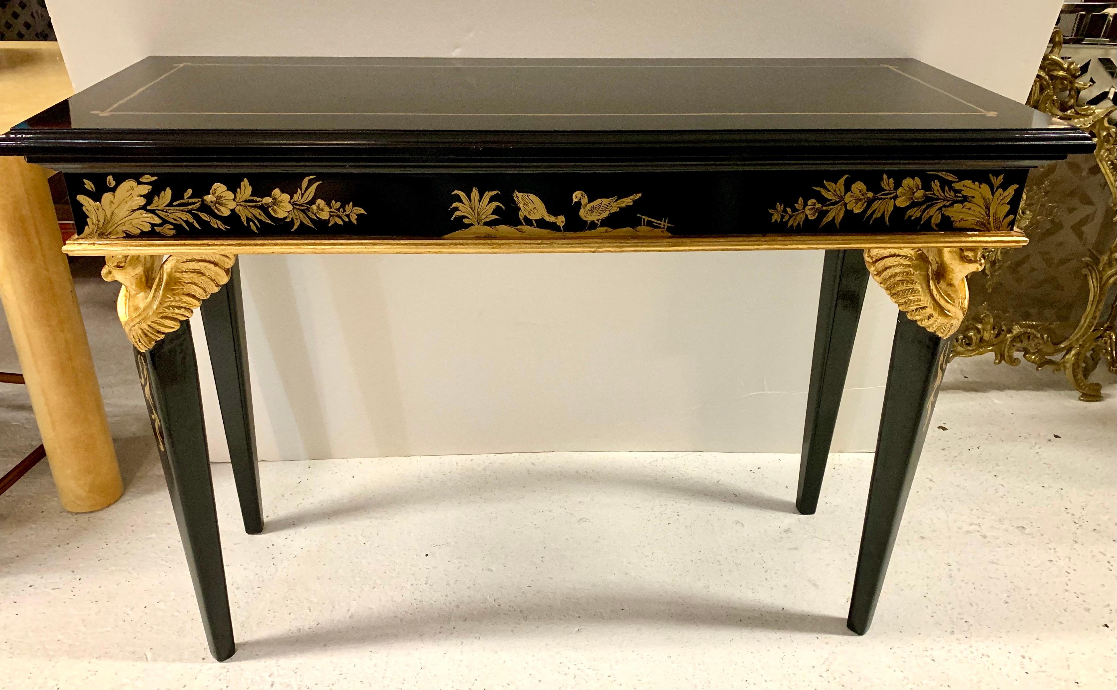 Neoclassical Rococo Style Black Lacquered and Gold Painted Console Table Birds In Good Condition In West Hartford, CT