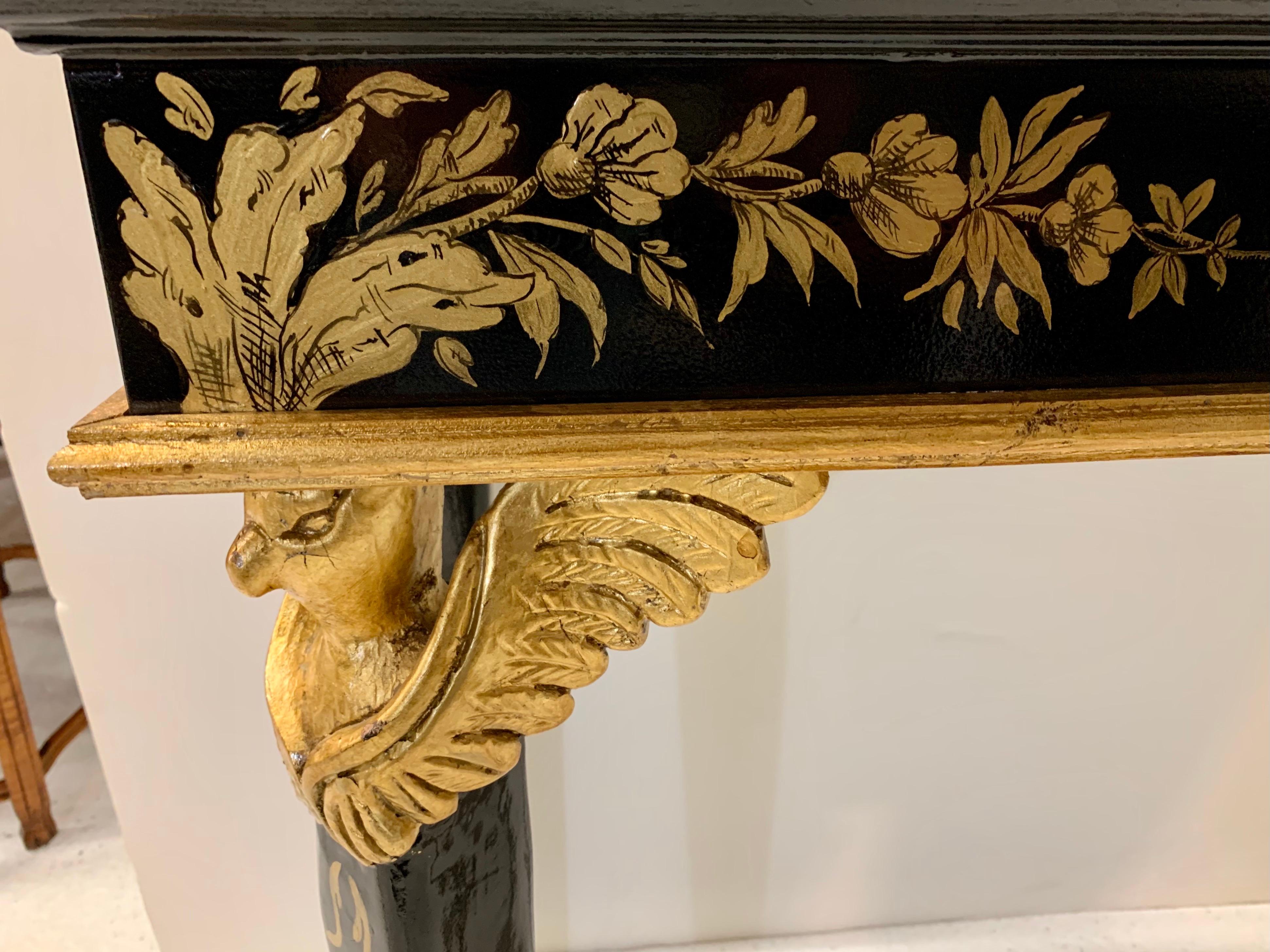 20th Century Neoclassical Rococo Style Black Lacquered and Gold Painted Console Table Birds