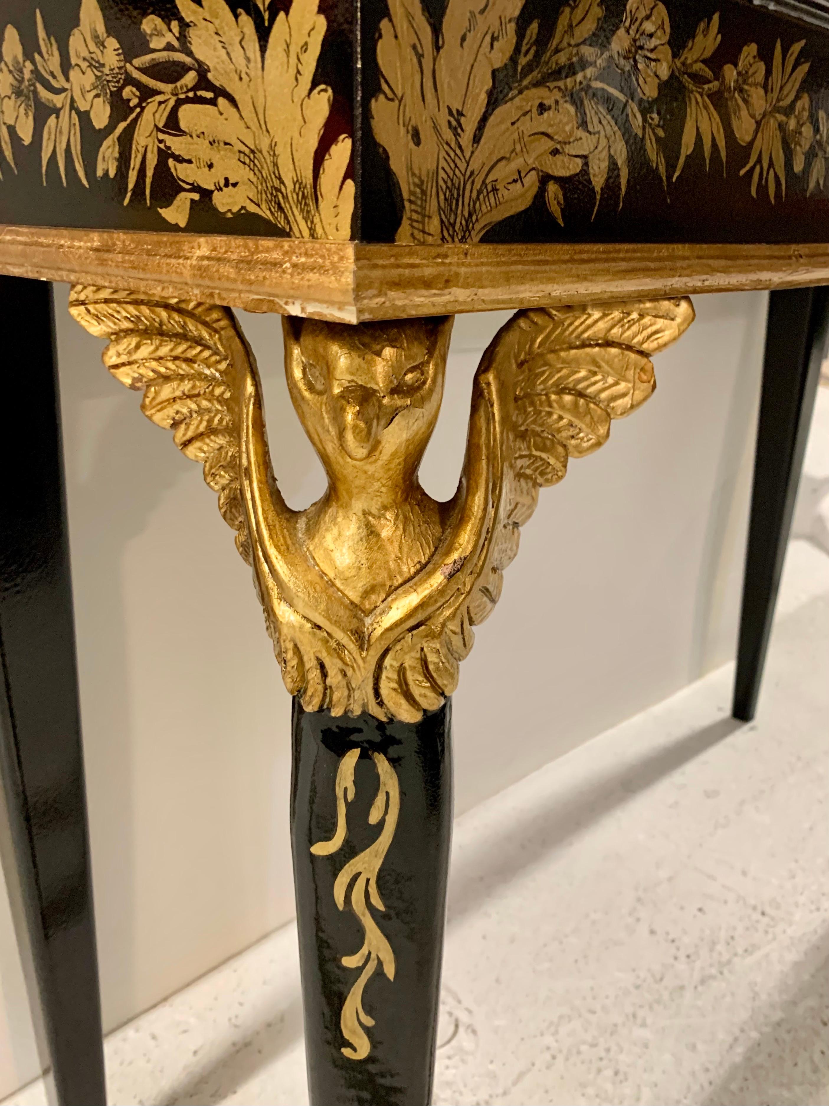 Wood Neoclassical Rococo Style Black Lacquered and Gold Painted Console Table Birds