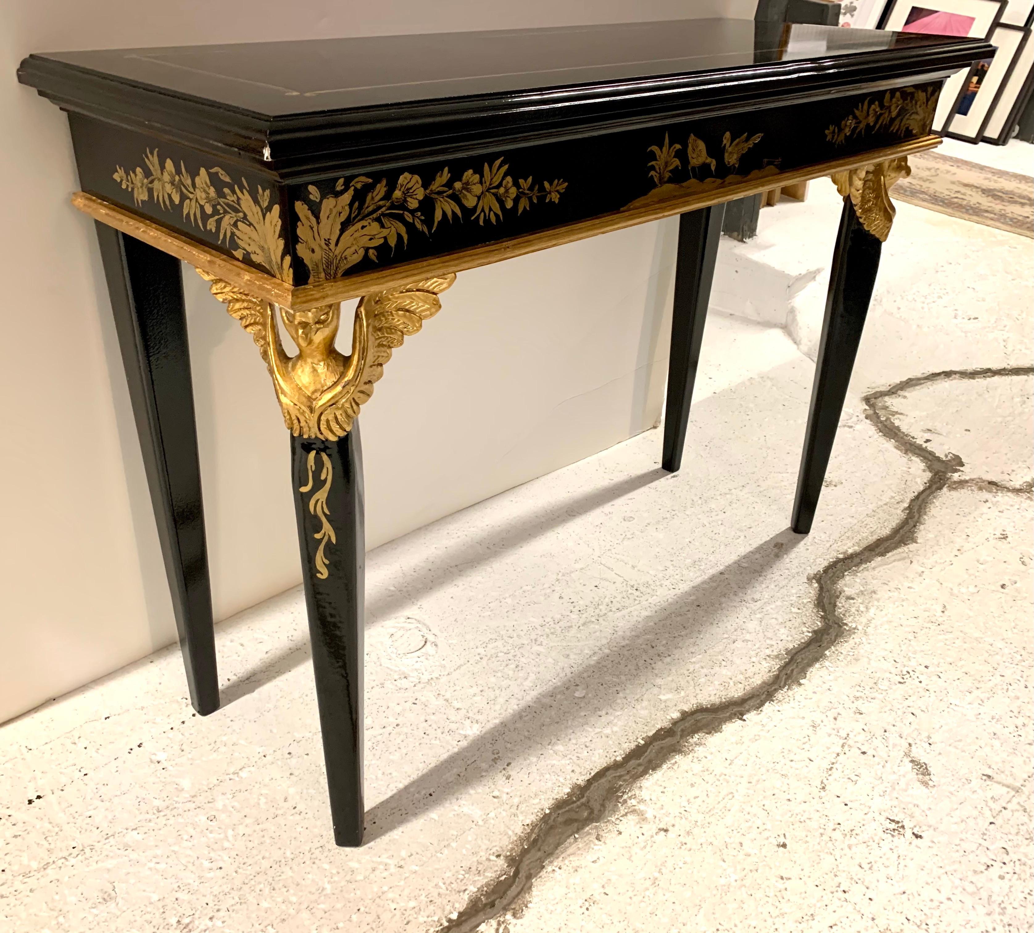 Neoclassical Rococo Style Black Lacquered and Gold Painted Console Table Birds 1