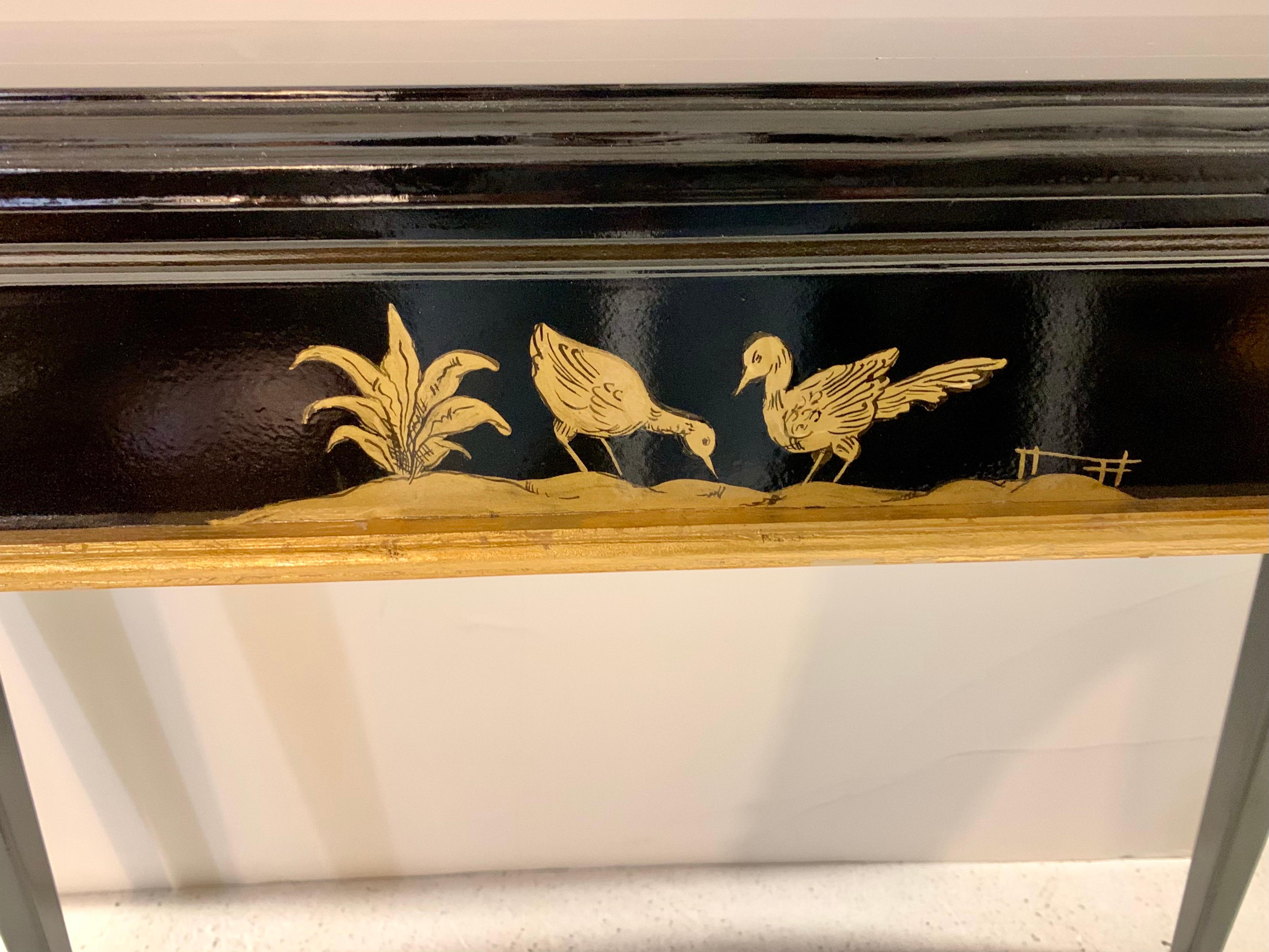 Neoclassical Rococo Style Black Lacquered and Gold Painted Console Table Birds 2