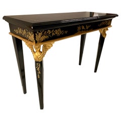 Neoclassical Rococo Style Black Lacquered and Gold Painted Console Table Birds