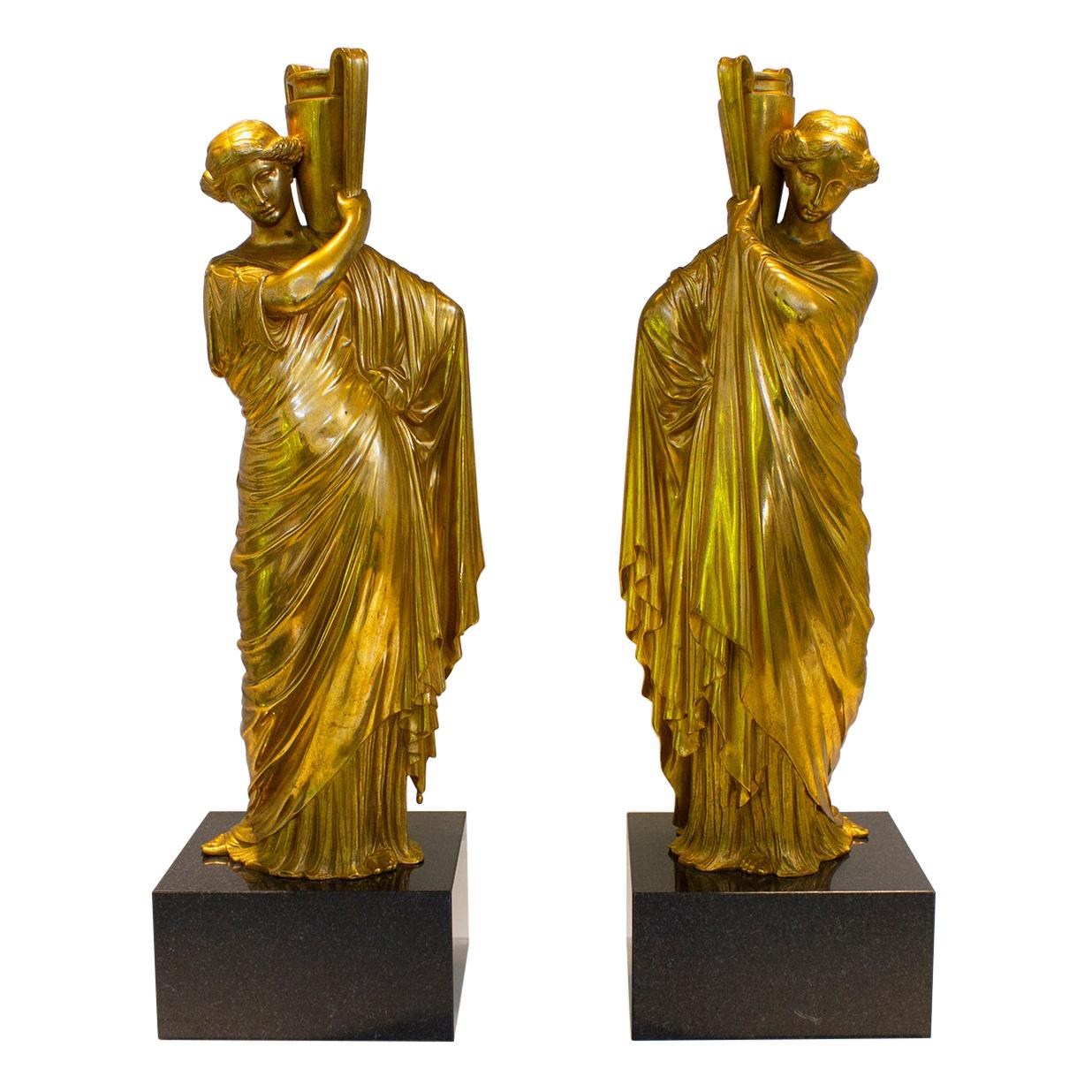 Neoclassical Romanesque Bronze Female Form Sculptures with Marble Bases
