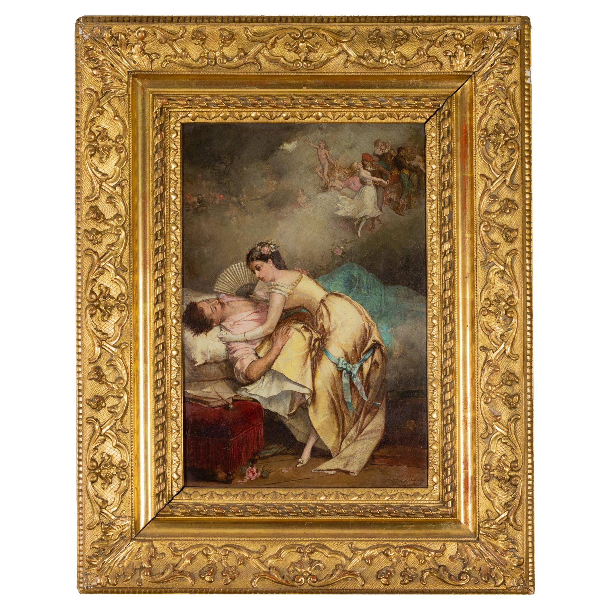 Neoclassical Romantic Love Scene Painting by Beranger, Ornate Frame 19th Century