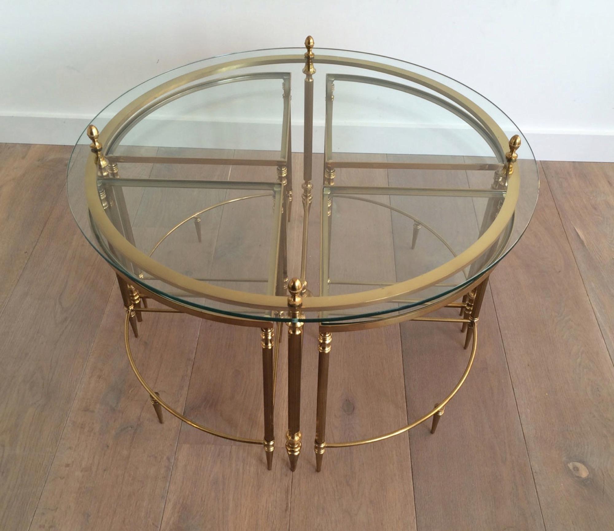 French Neoclassical Round Brass Coffee Table with 4 Nesting Tables by Maison Baguès For Sale