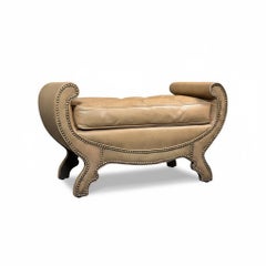 Neoclassical Saddle Color Leather and Brass Bench or Ottoman by Century