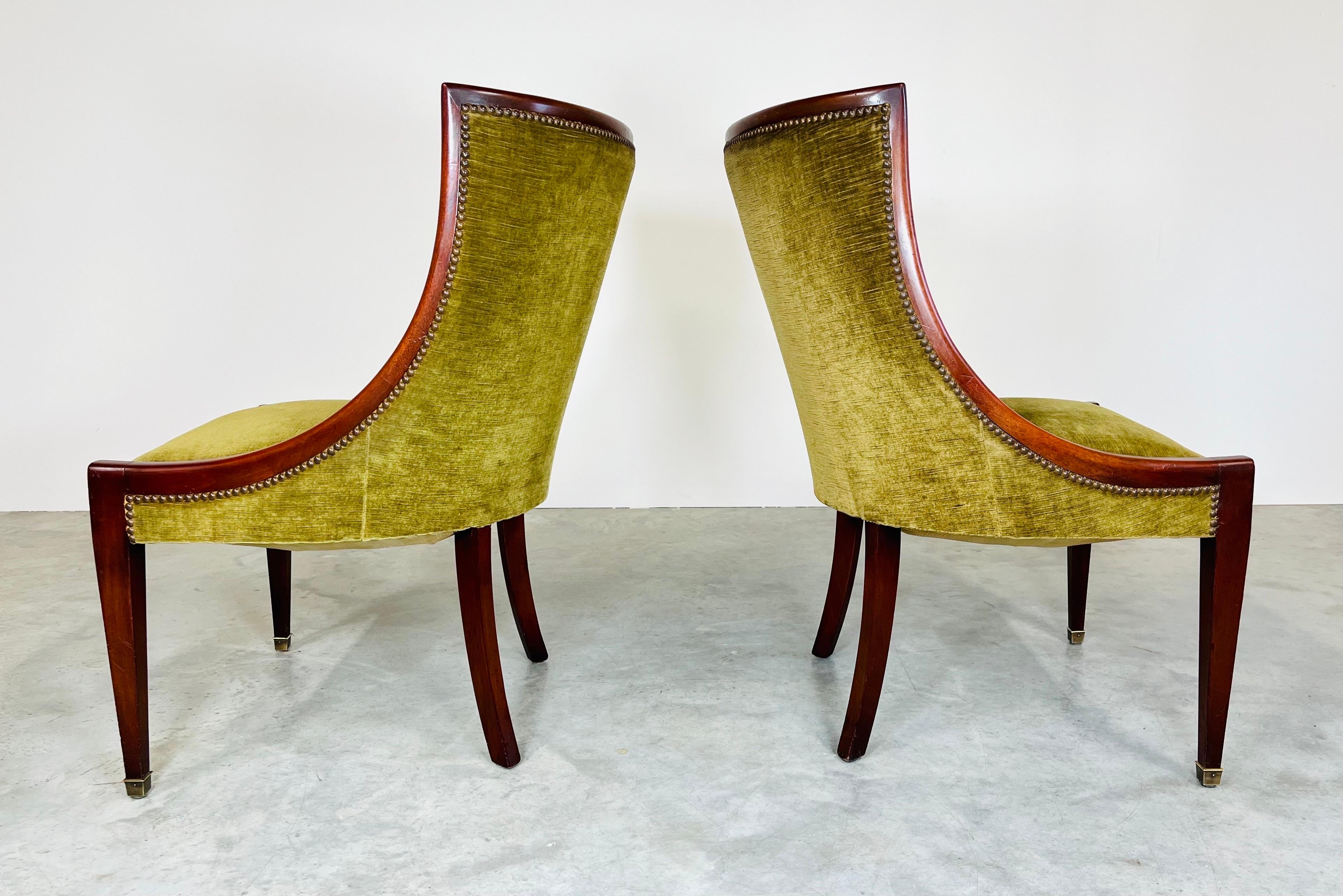 Neoclassical Sally Sirkin Lewis Channel Back Mahogany & Velvet Slipper Chairs 1