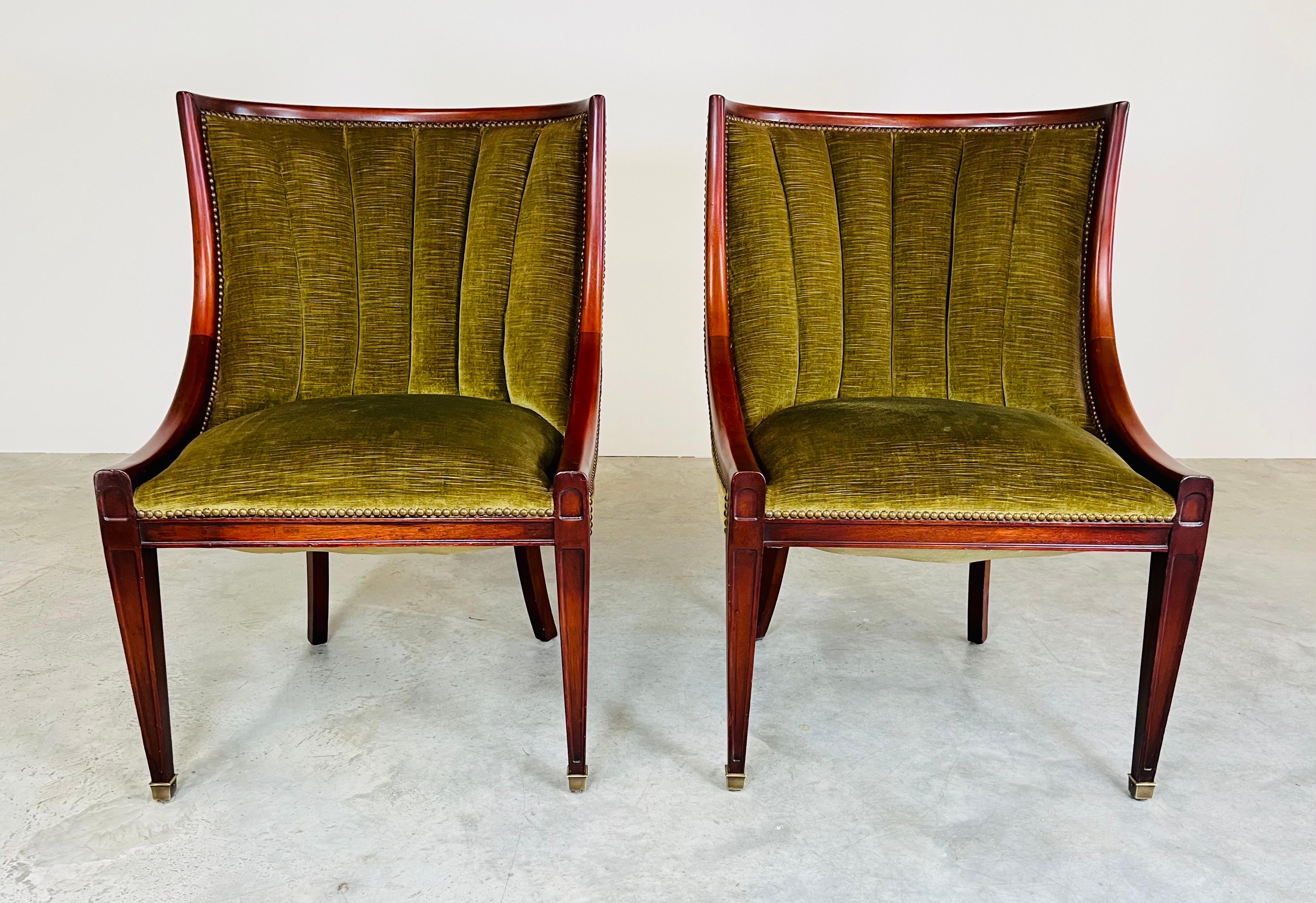 American Neoclassical Sally Sirkin Lewis Channel Back Mahogany & Velvet Slipper Chairs