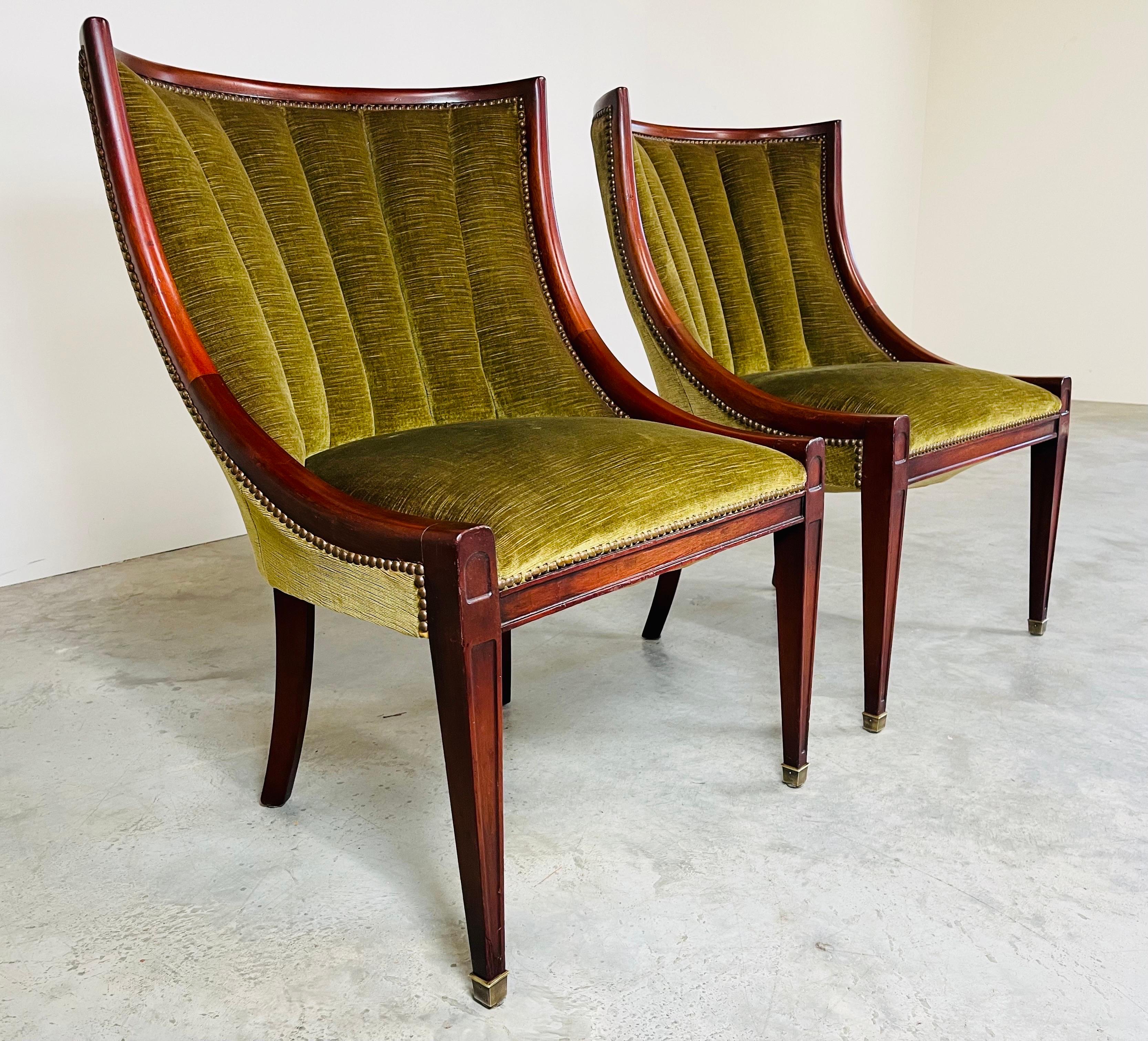 Hand-Carved Neoclassical Sally Sirkin Lewis Channel Back Mahogany & Velvet Slipper Chairs