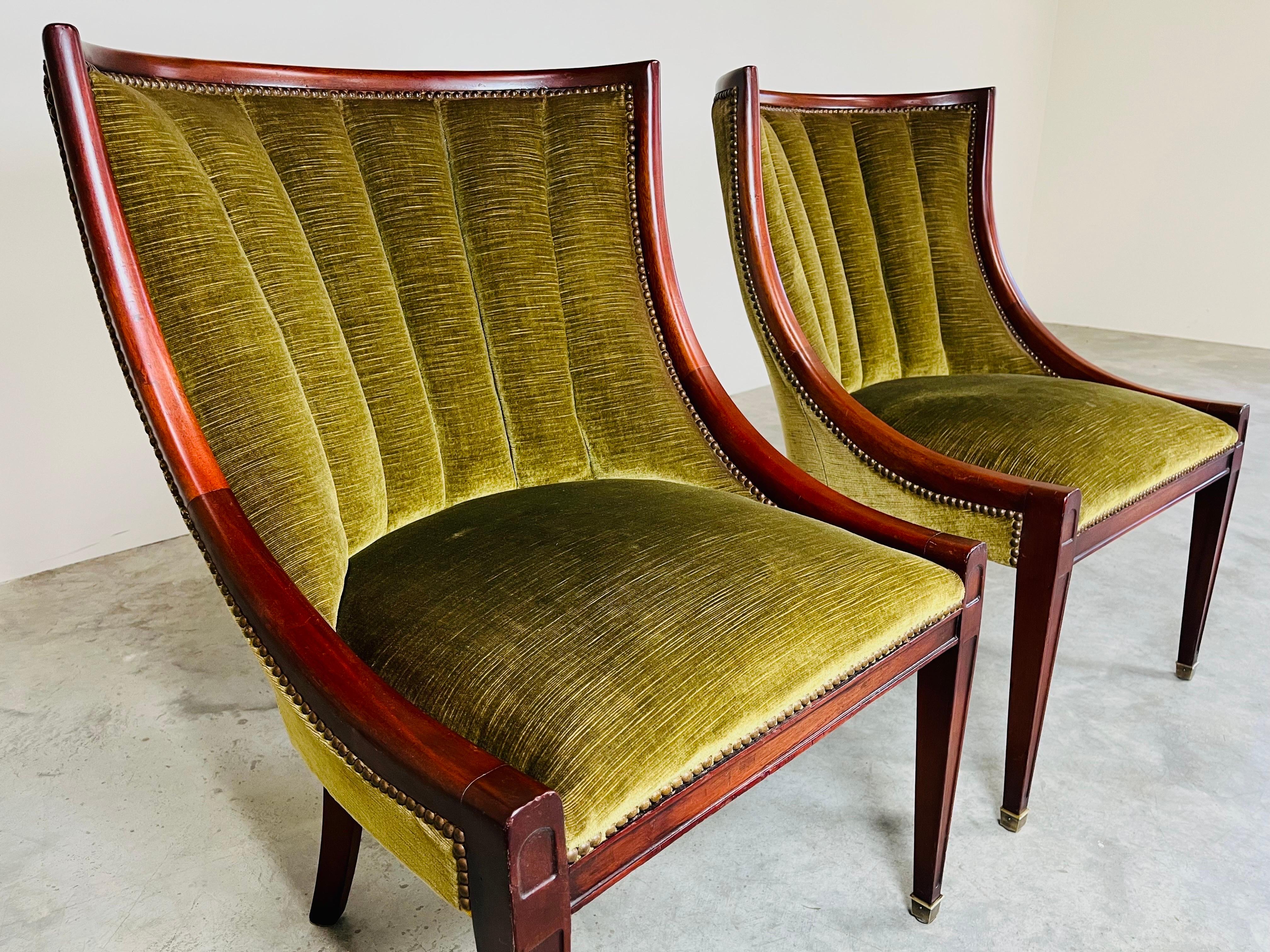 Neoclassical Sally Sirkin Lewis Channel Back Mahogany & Velvet Slipper Chairs In Good Condition In Southampton, NJ