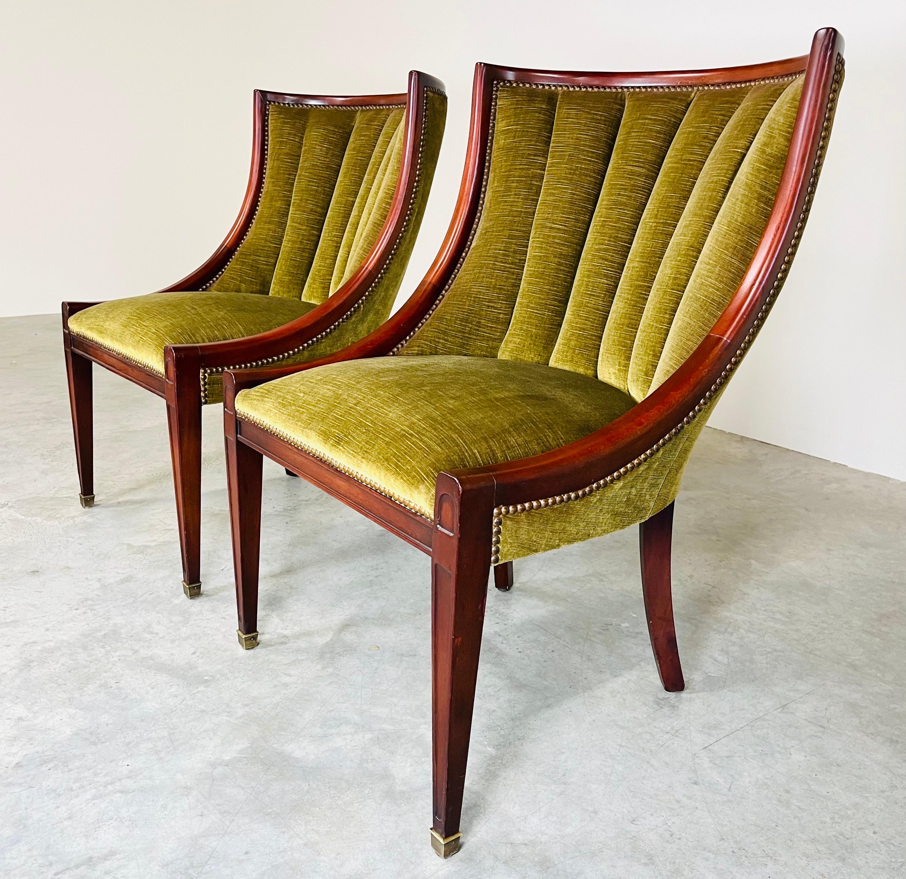 20th Century Neoclassical Sally Sirkin Lewis Channel Back Mahogany & Velvet Slipper Chairs