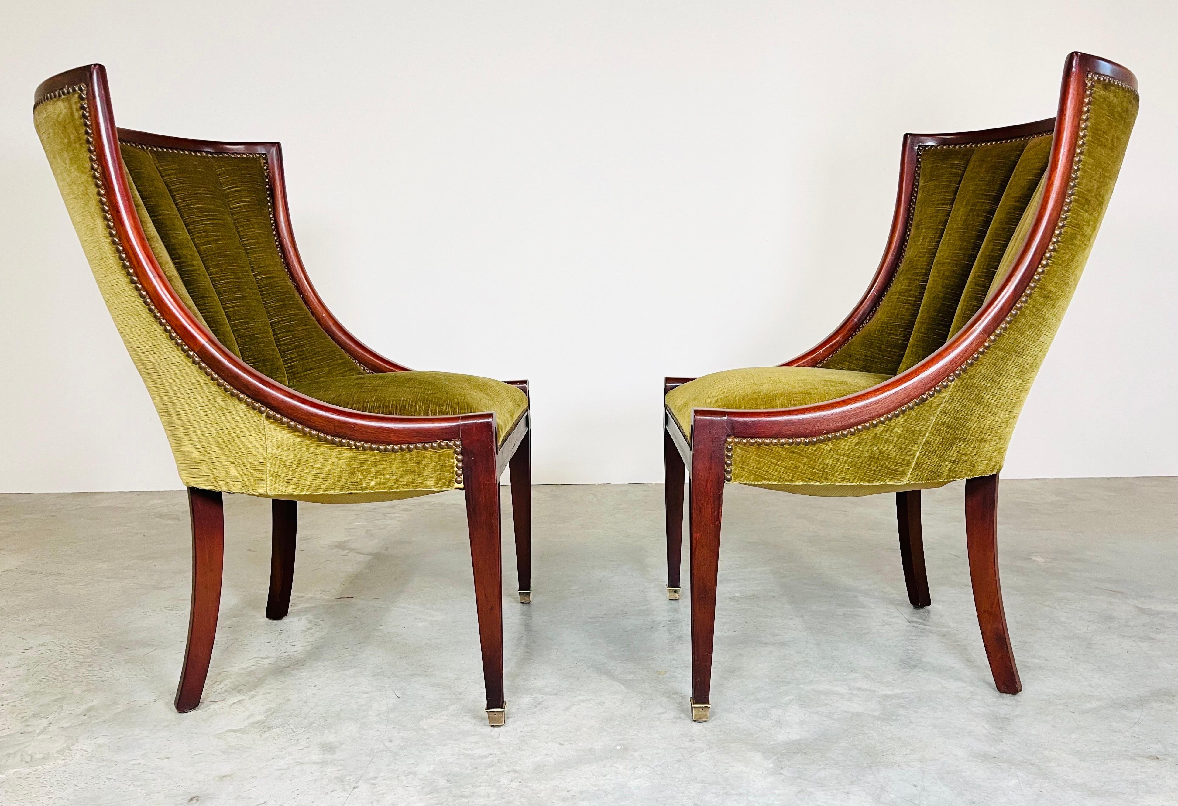 Brass Neoclassical Sally Sirkin Lewis Channel Back Mahogany & Velvet Slipper Chairs