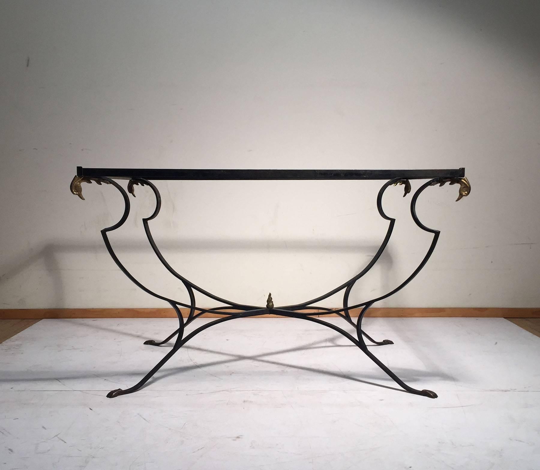 Neoclassical Samuel Copelon Lyre Back Swan 6 Garden Chairs and Table In Good Condition In Chicago, IL
