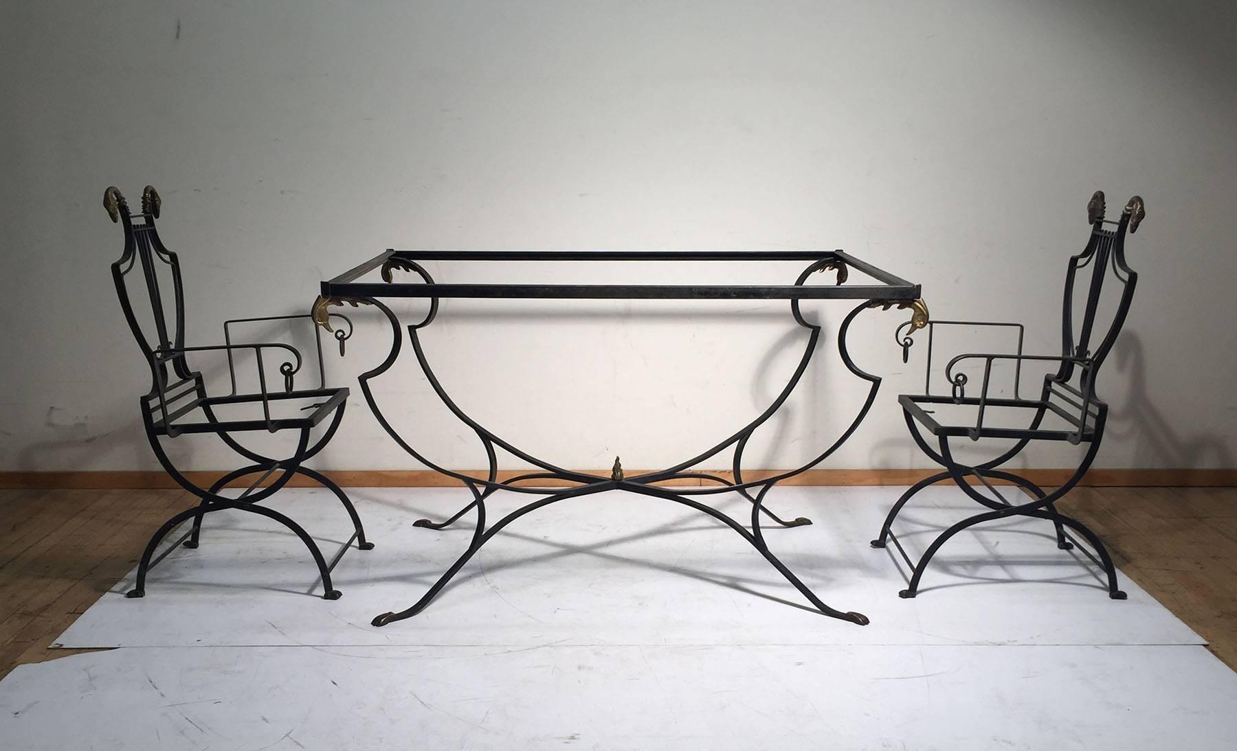20th Century Neoclassical Samuel Copelon Lyre Back Swan 6 Garden Chairs and Table