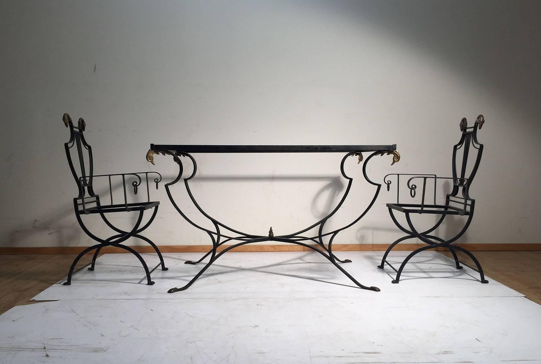 Neoclassical Samuel Copelon Lyre Back Swan 6 Garden Chairs and Table 1