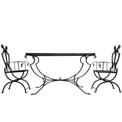 Neoclassical Samuel Copelon Lyre Back Swan 6 Garden Chairs and Table