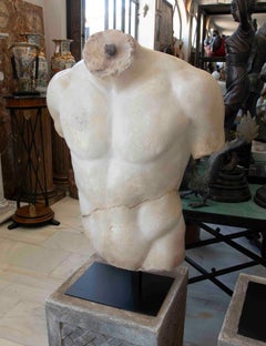 Scultura neoclassica di torso maschile in resina con finitura antica