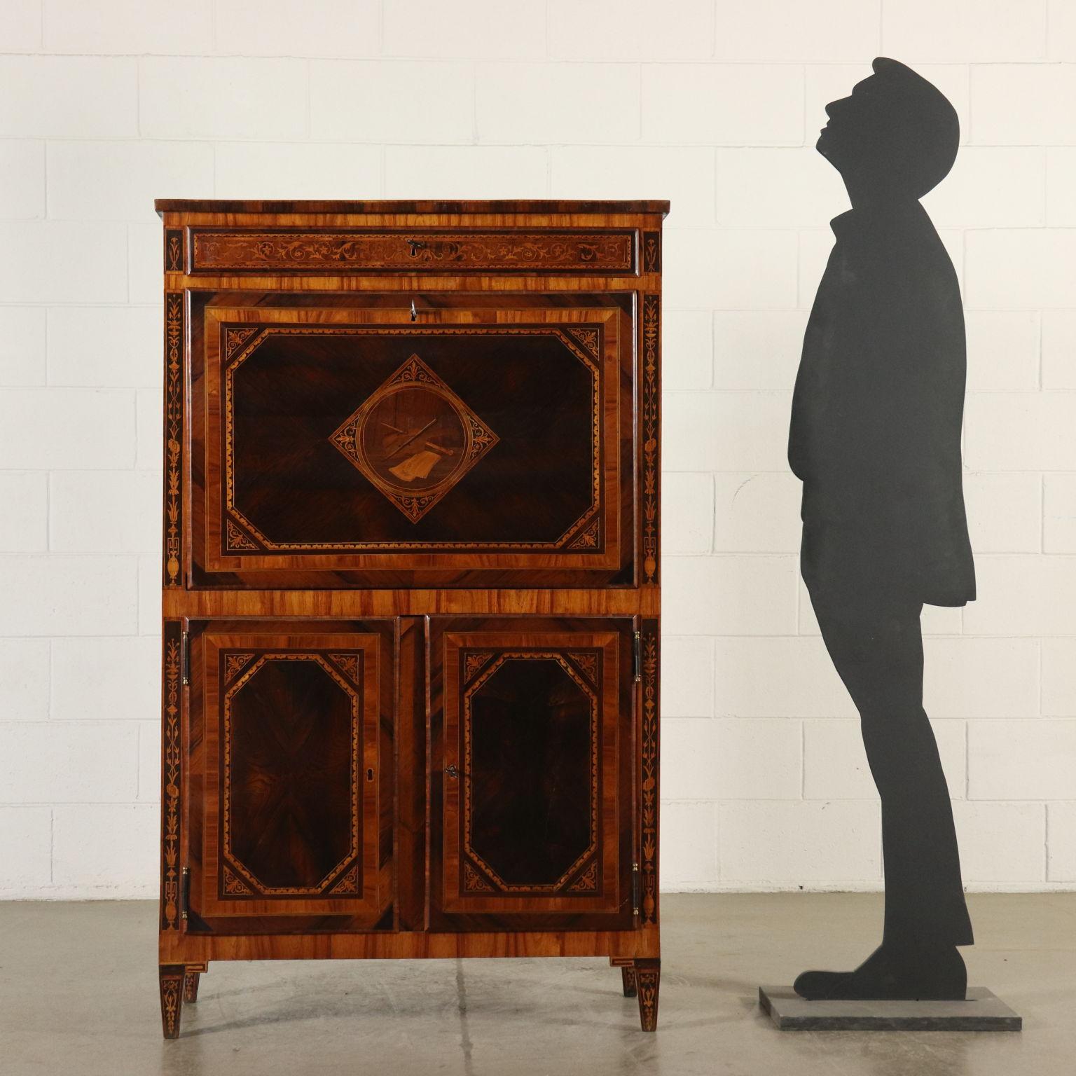 Impressive neoclassical secretaire attributable to a famous cabinet-maker's workshop in Milan. Two doors on the front side, a drawer under the top and drop-leaf door with inlaid music panoply in the middle. Quadripartite rosewood reserves on front