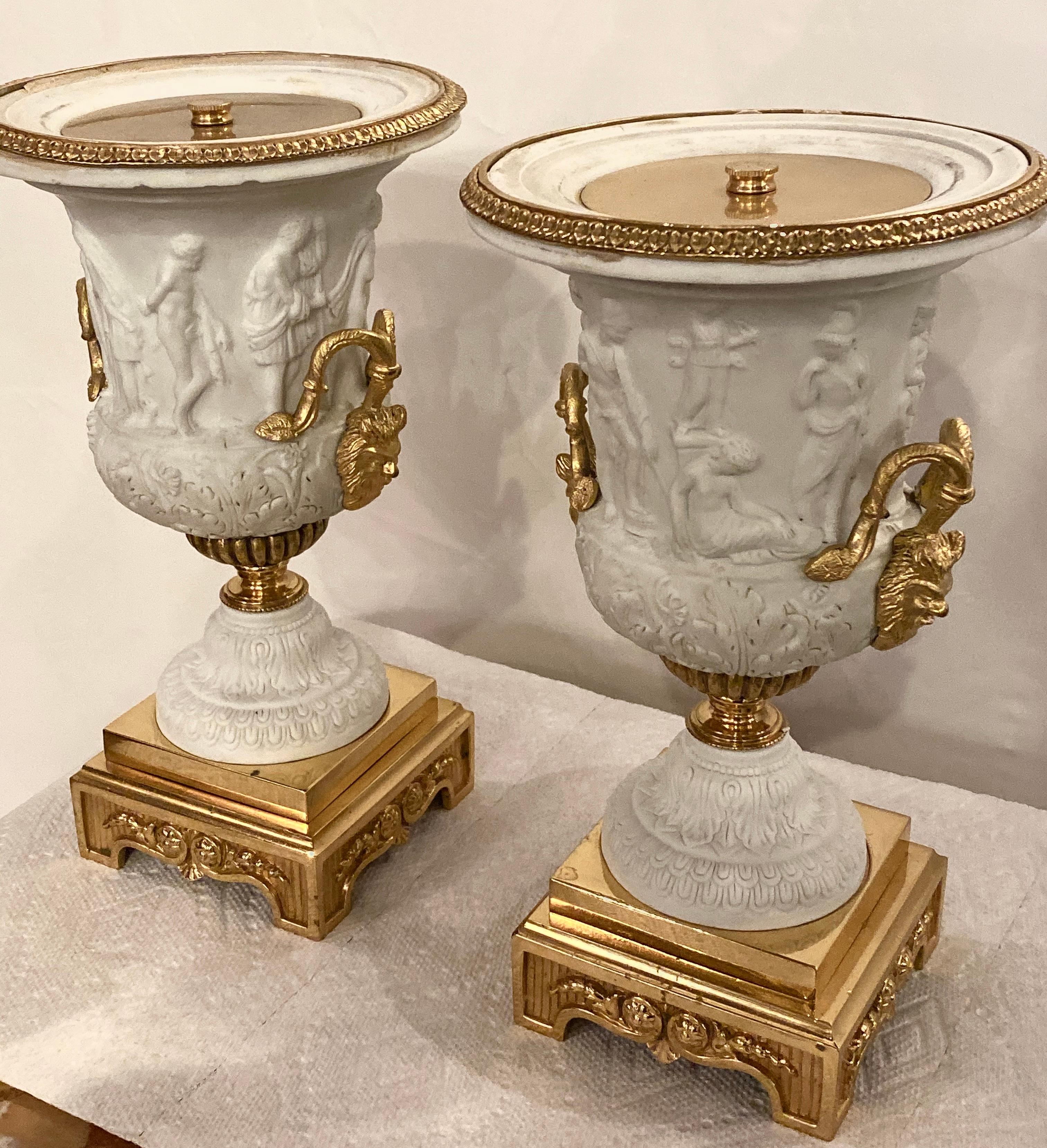 French Neoclassical Sevres Parian and Doré Bronze Mounted Urns or Vases 1920s a Pair For Sale