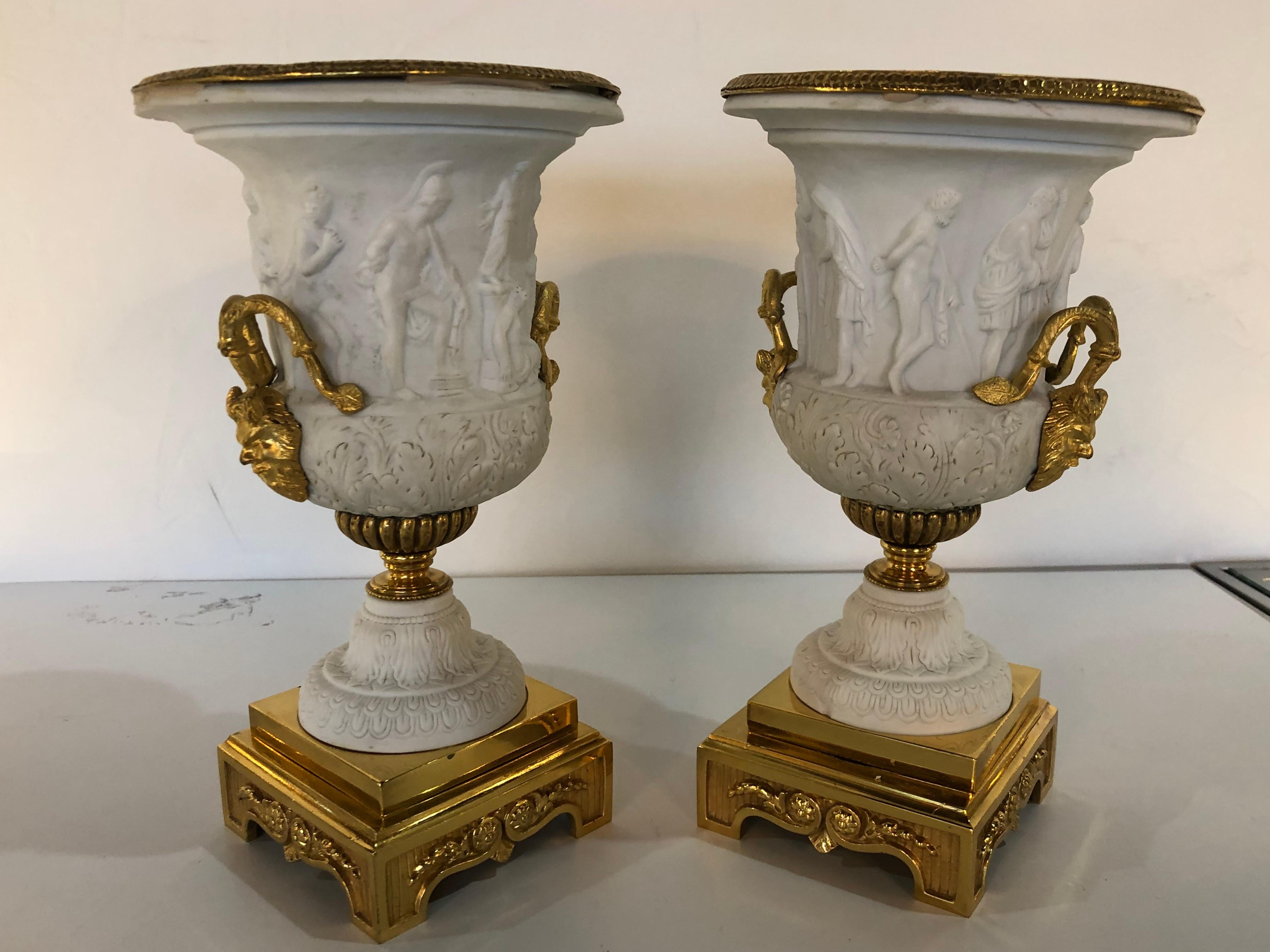 Neoclassical Sevres Parian and Doré Bronze Mounted Urns or Vases 1920s a Pair In Good Condition For Sale In Stamford, CT