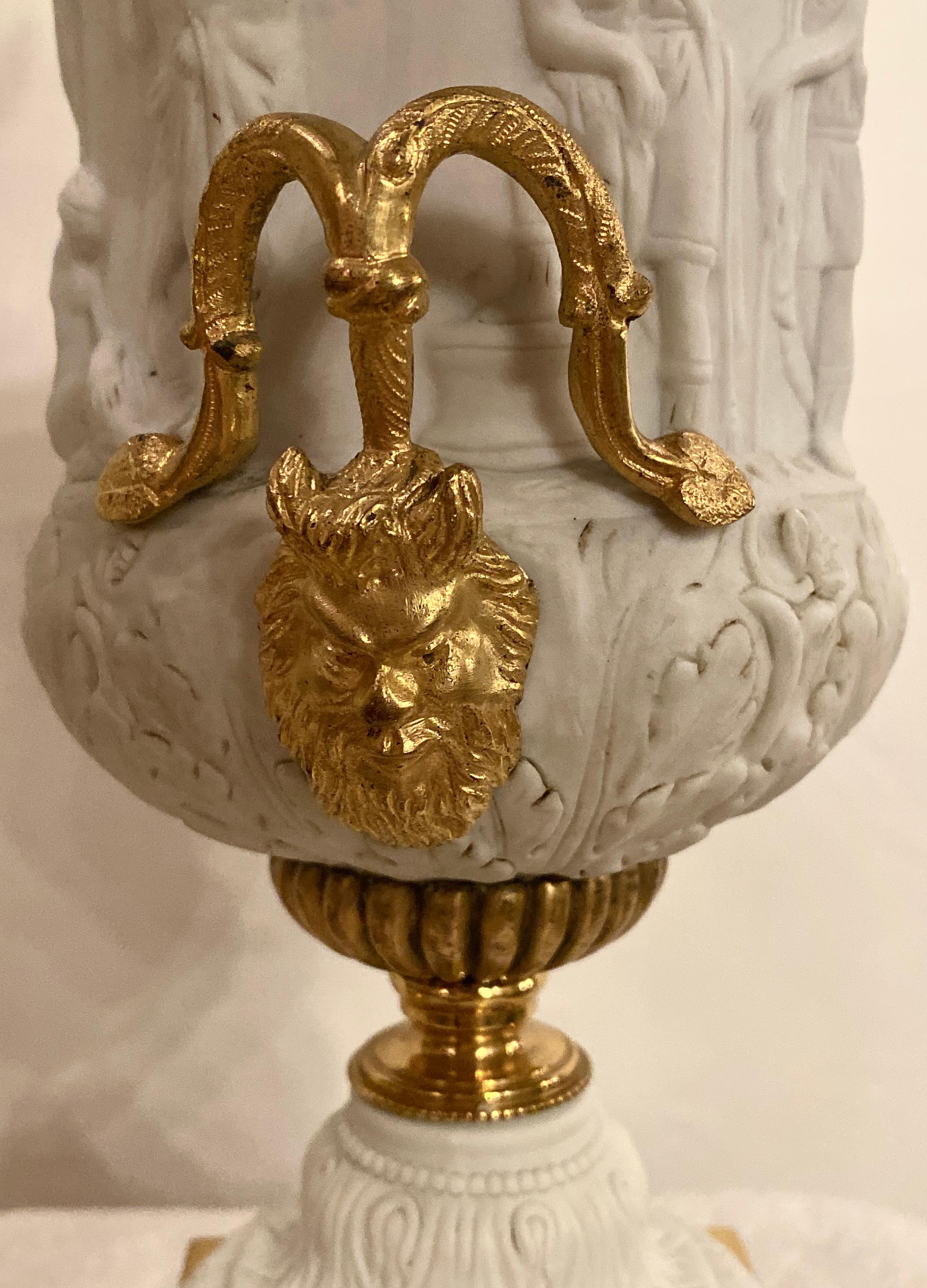 20th Century Neoclassical Sevres Parian and Doré Bronze Mounted Urns or Vases 1920s a Pair For Sale