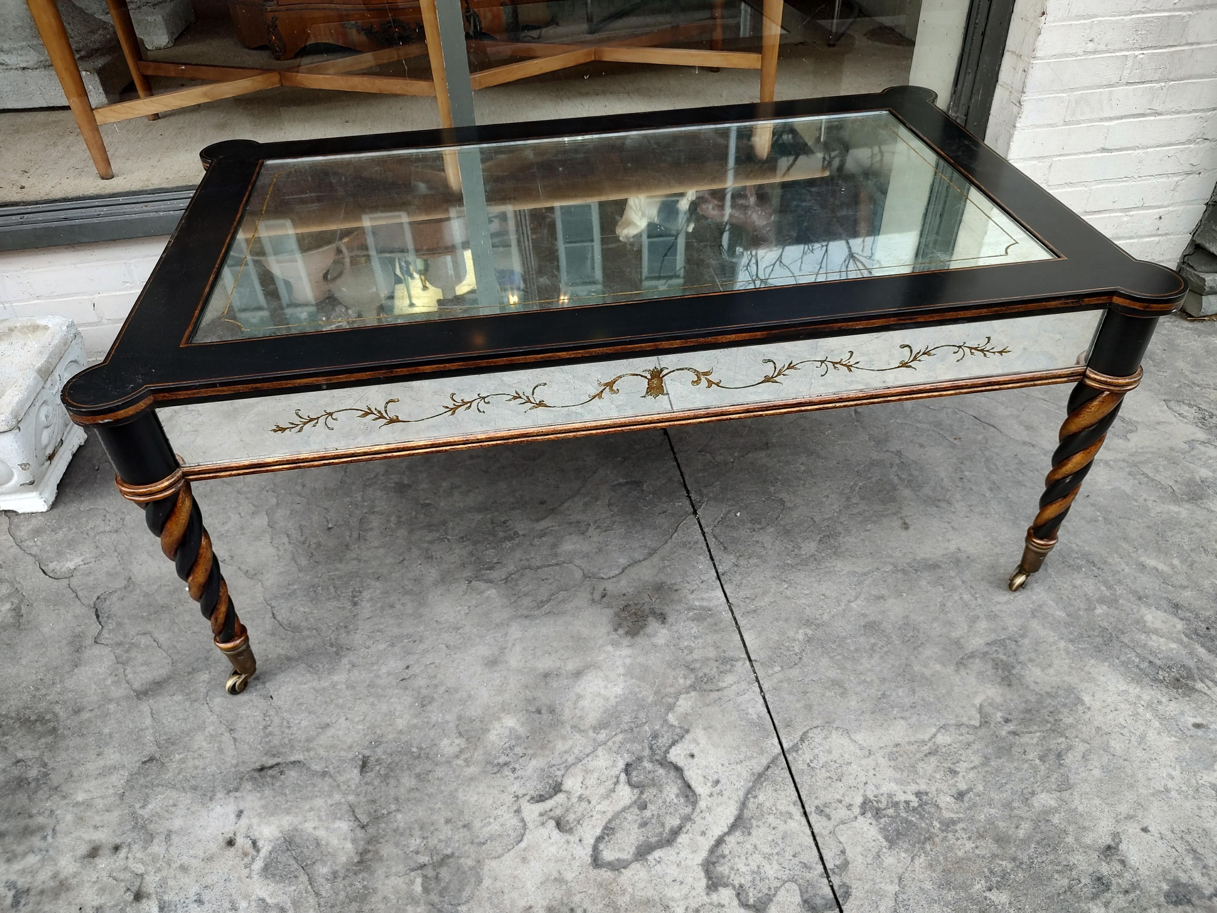 Neoclassical Sheraton Style Cocktail Table with Eglomise Mirrored Panels For Sale 5