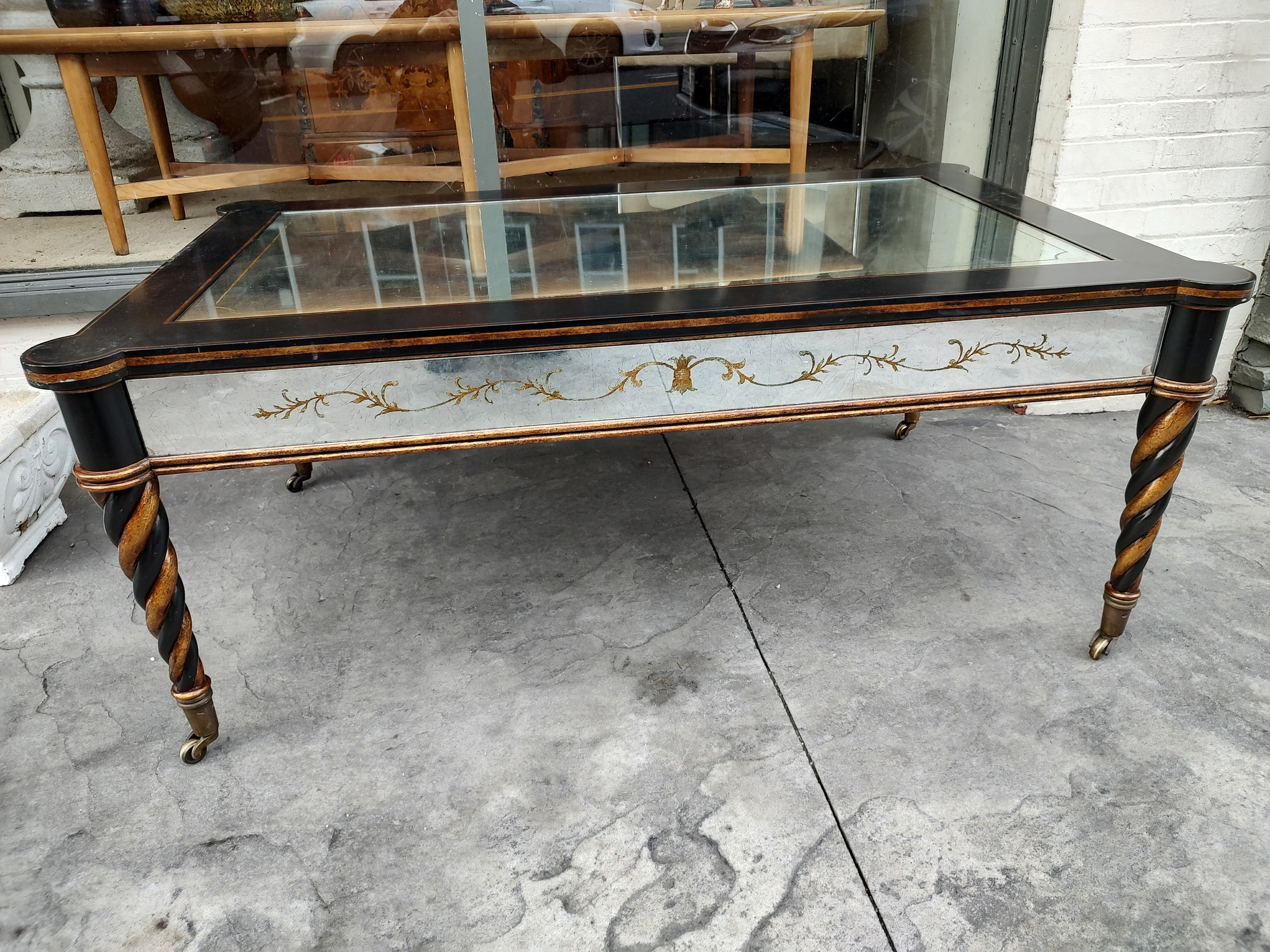 Neoclassical Sheraton Style Cocktail Table with Eglomise Mirrored Panels For Sale 6