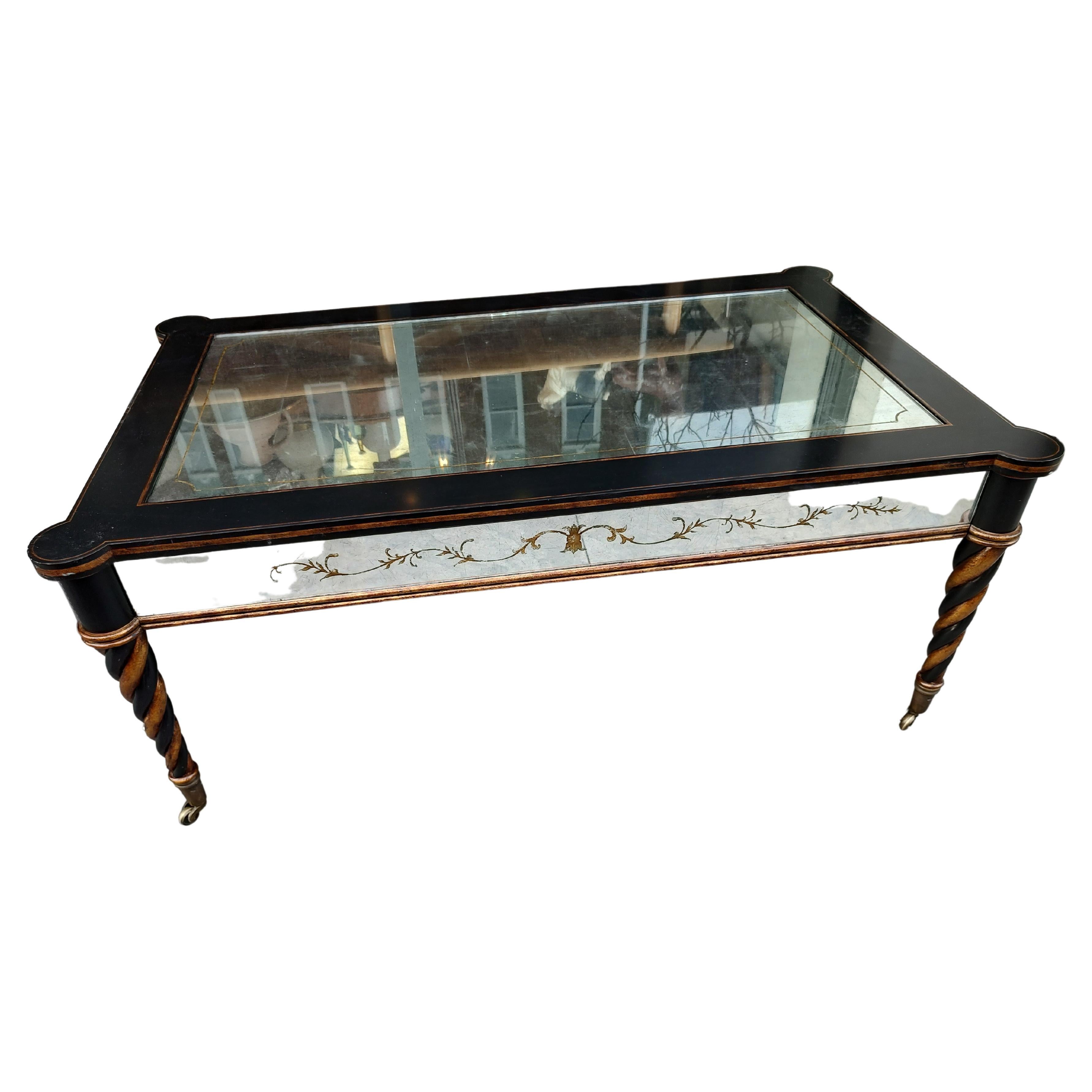 Neoclassical Sheraton Style Cocktail Table with Eglomise Mirrored Panels For Sale 1