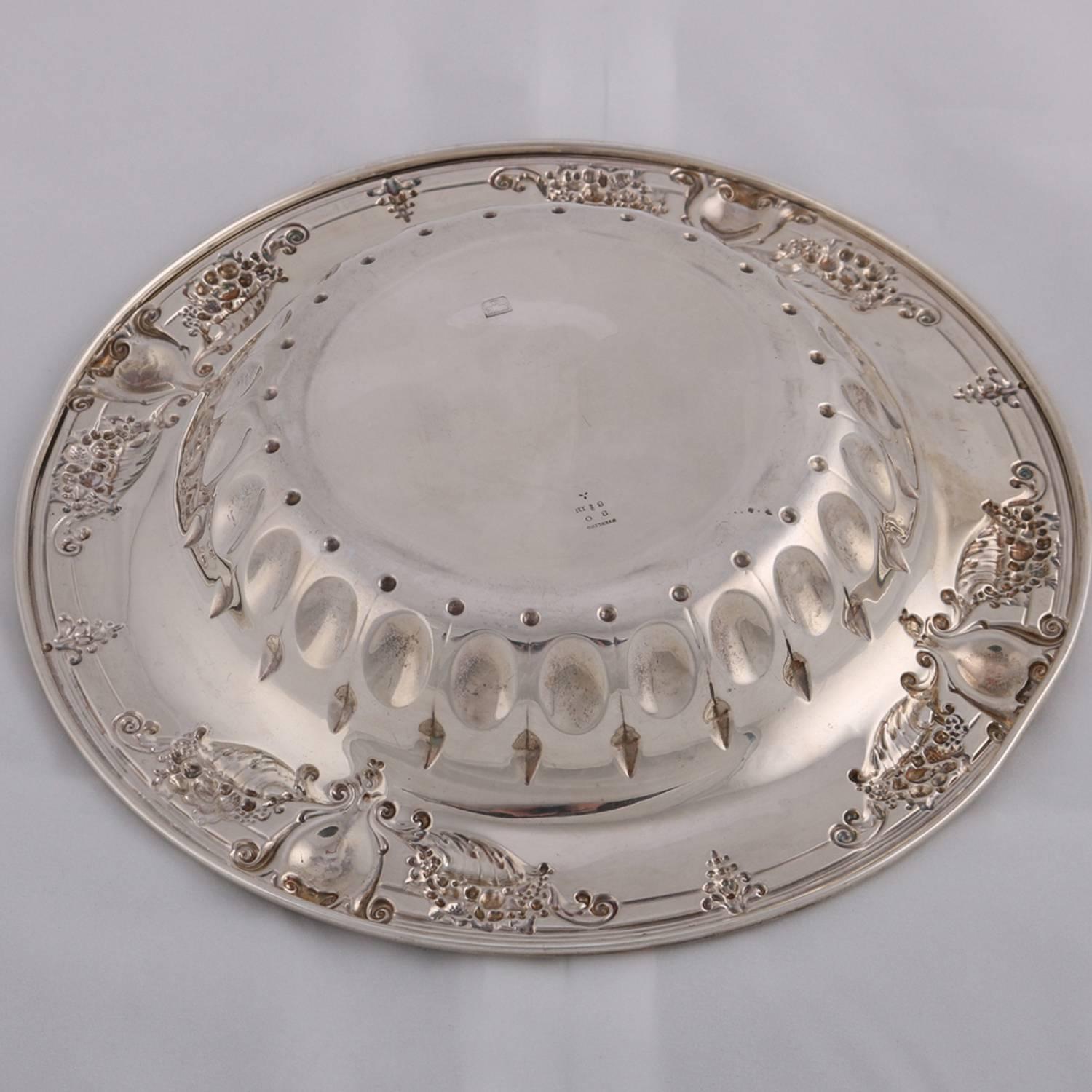 Neoclassical Shield and Floral Repousse Sterling Silver Round Bowl, circa 1900 6