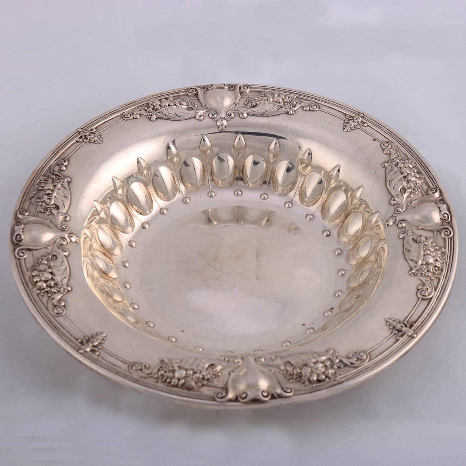 Neoclassical Shield and Floral Repousse Sterling Silver Round Bowl, circa 1900 1